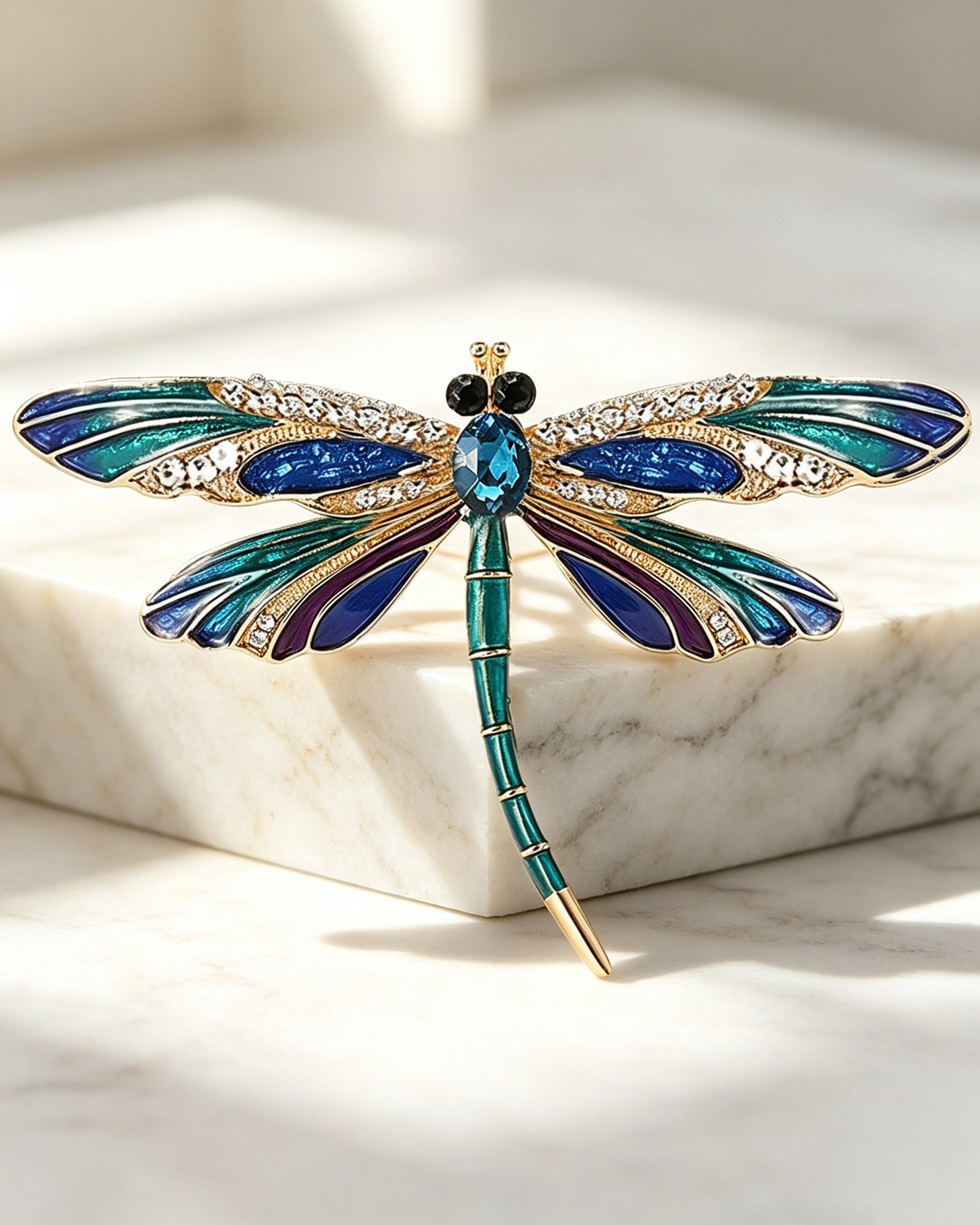 Gold Tone Dragonfly Brooch with Enamel and Rhinestones - Elegant Insect Pin