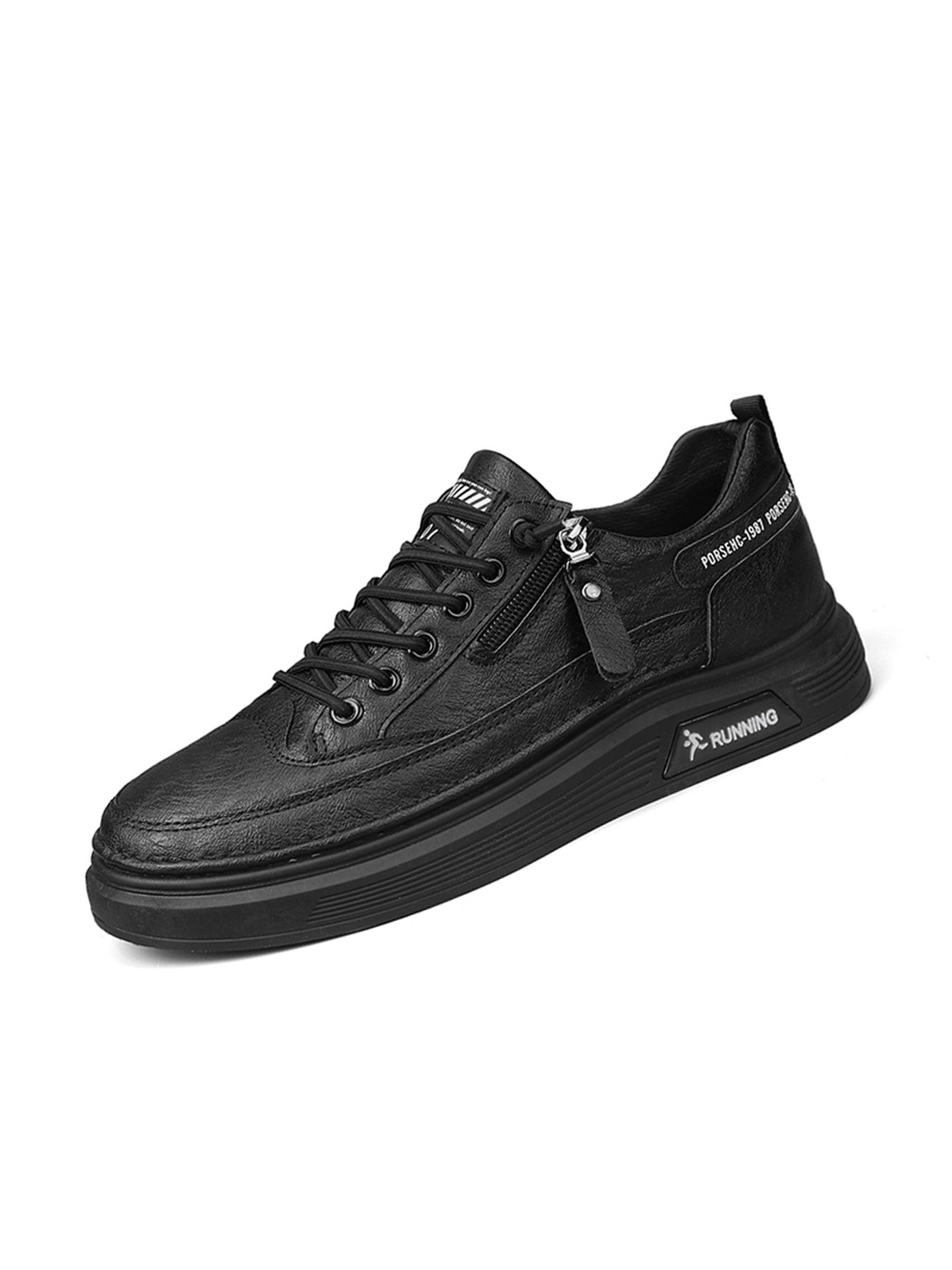 Black Lace-Up Casual Sneakers with Zipper Detail