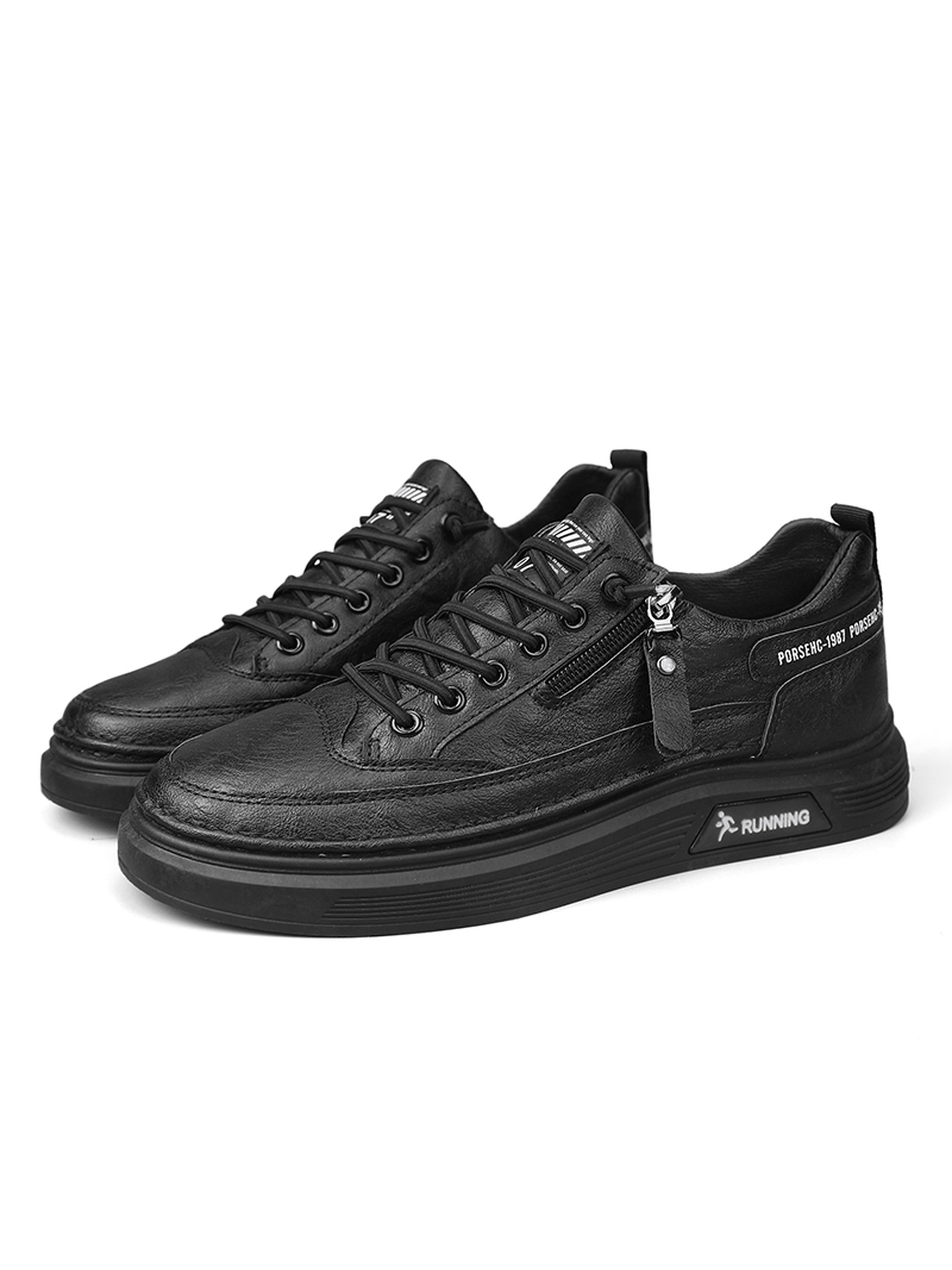 Black Lace-Up Casual Sneakers with Zipper Detail