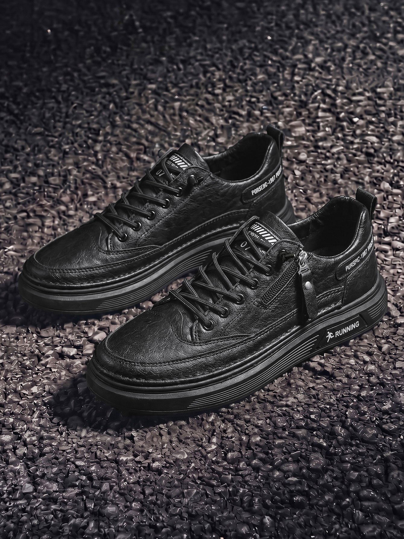 Black Lace-Up Casual Sneakers with Zipper Detail