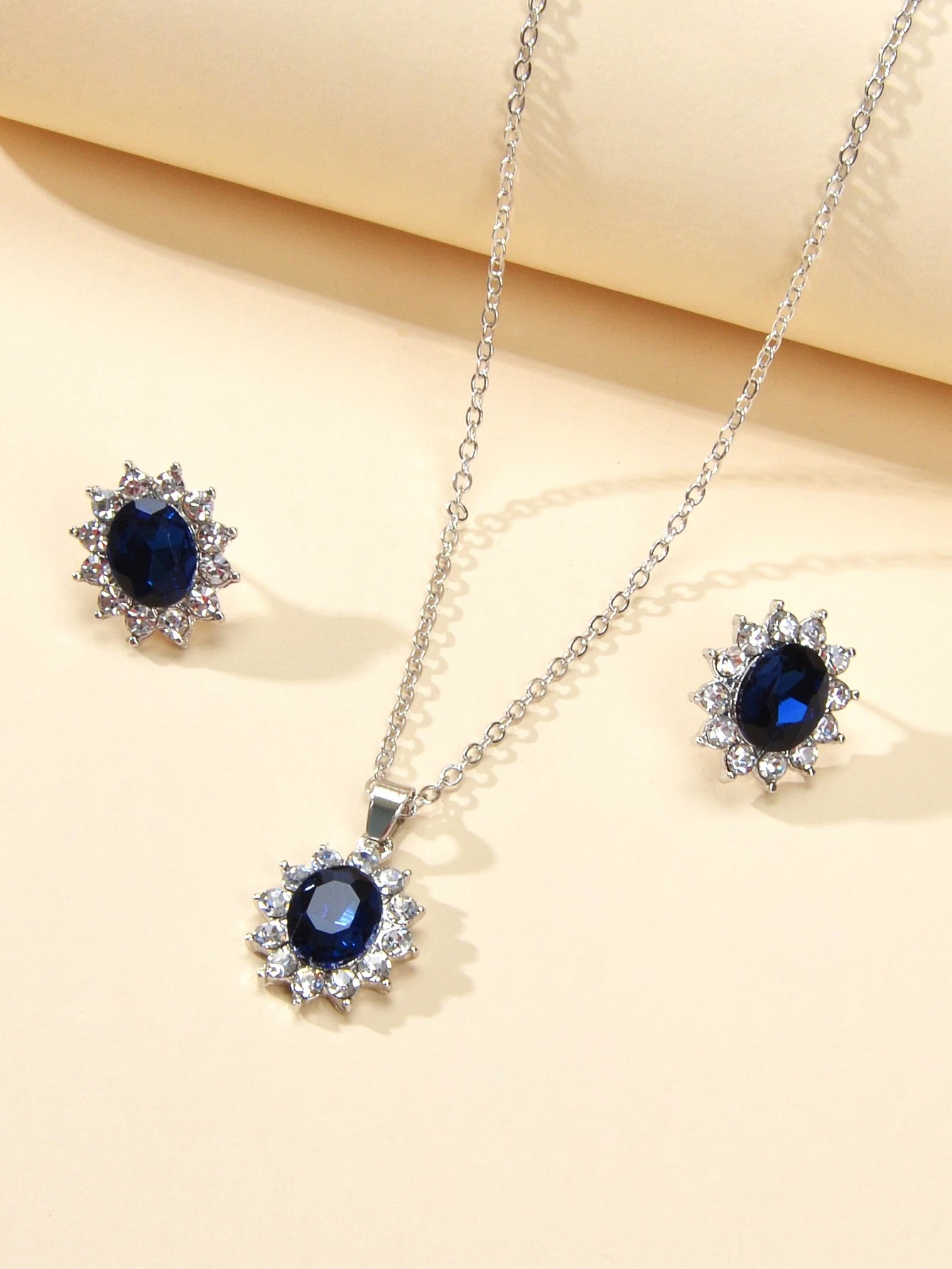 Silver and Royal Blue Gemstone Jewelry Set - Necklace and Stud Earrings.