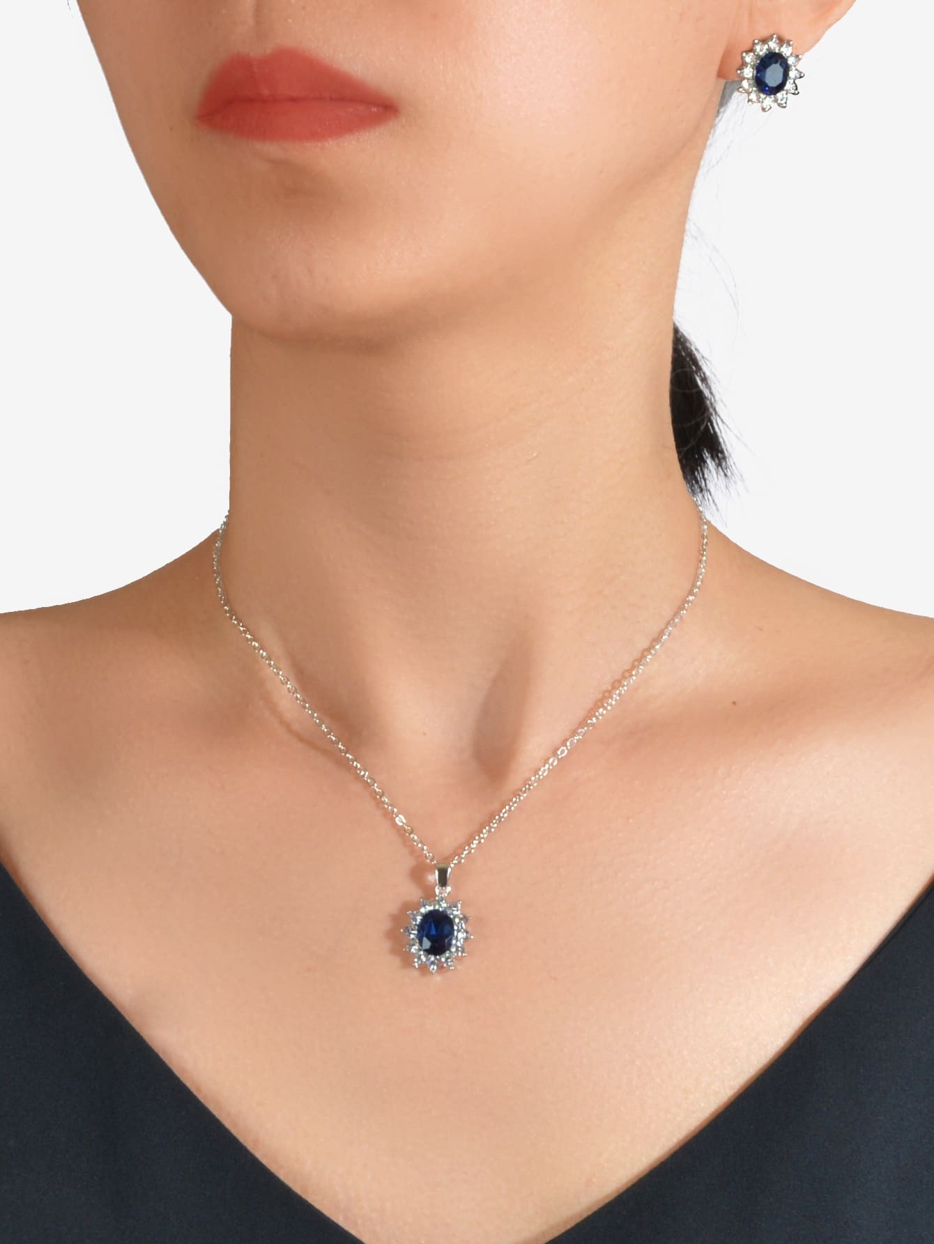 Silver and Royal Blue Gemstone Jewelry Set - Necklace and Stud Earrings.