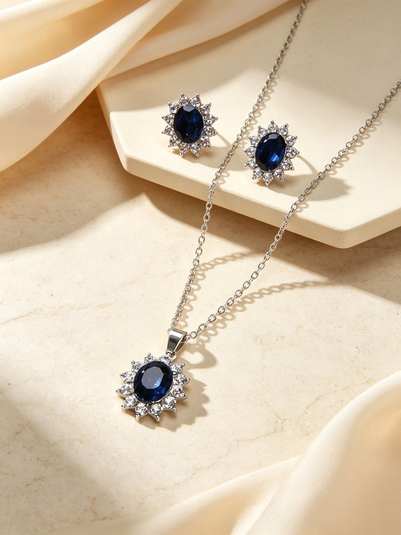 Silver and Royal Blue Gemstone Jewelry Set - Necklace and Stud Earrings.