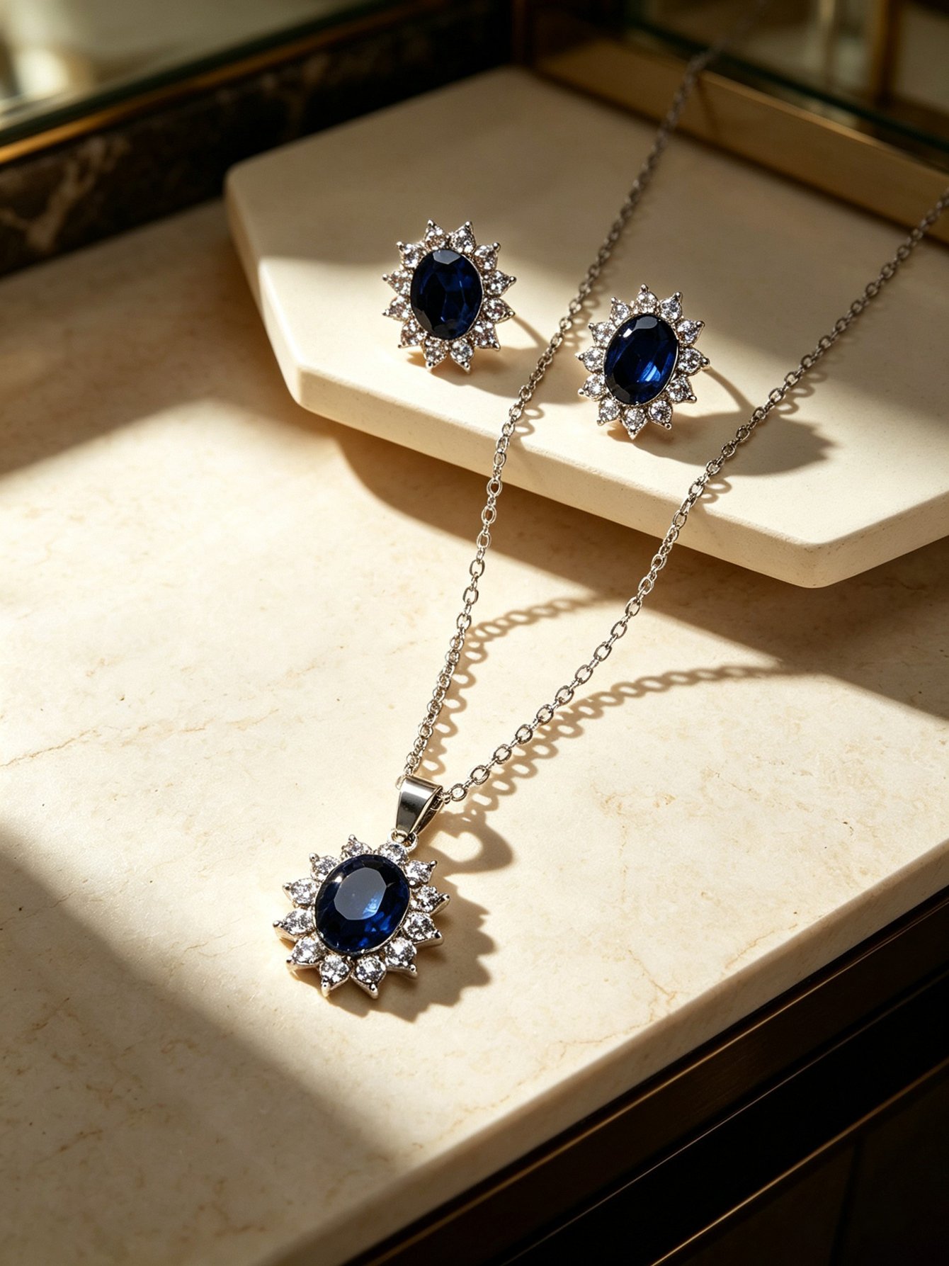 Silver and Royal Blue Gemstone Jewelry Set - Necklace and Stud Earrings.