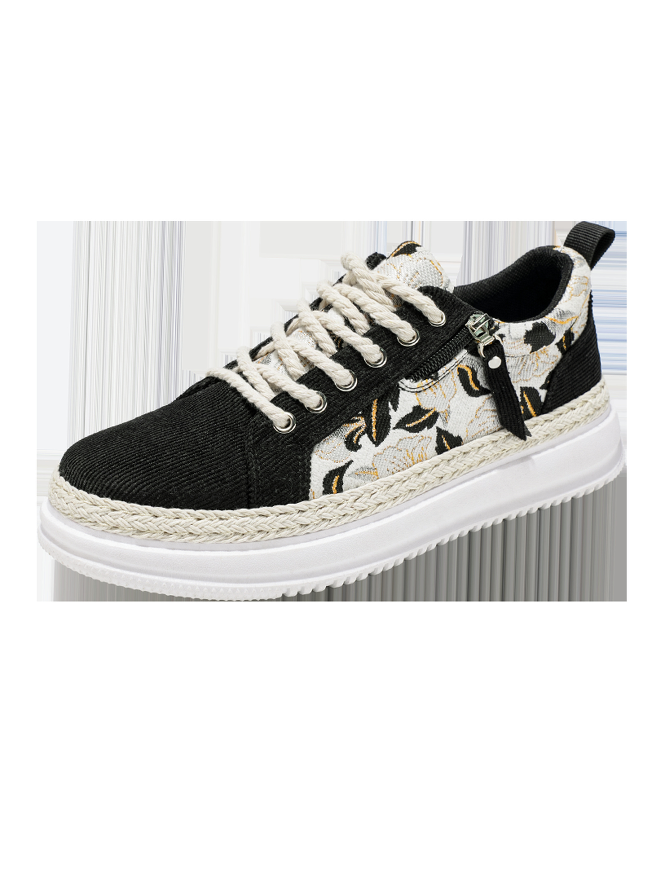 Black Floral Embroidered Lace-Up Sneakers