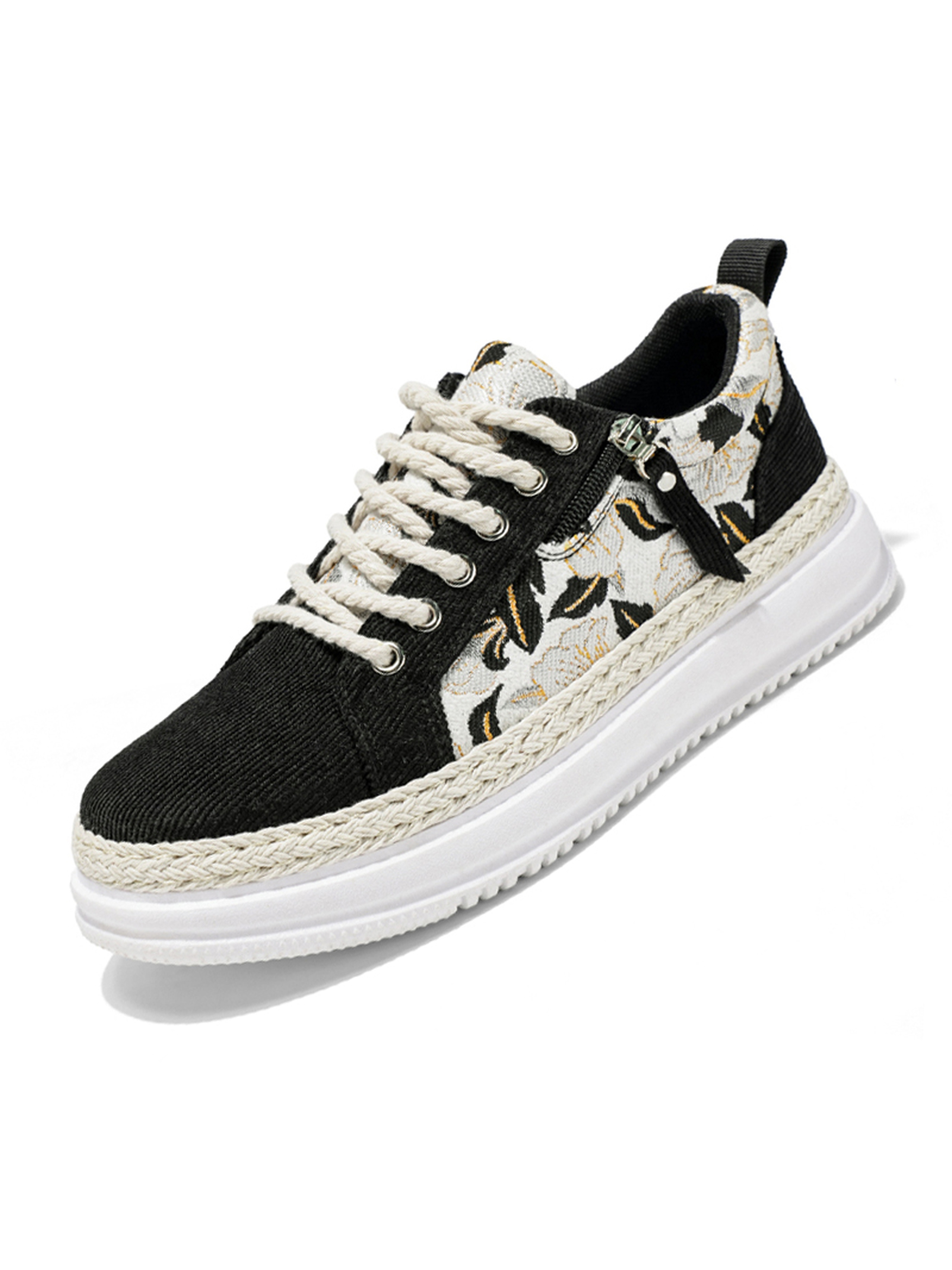 Black Floral Embroidered Lace-Up Sneakers