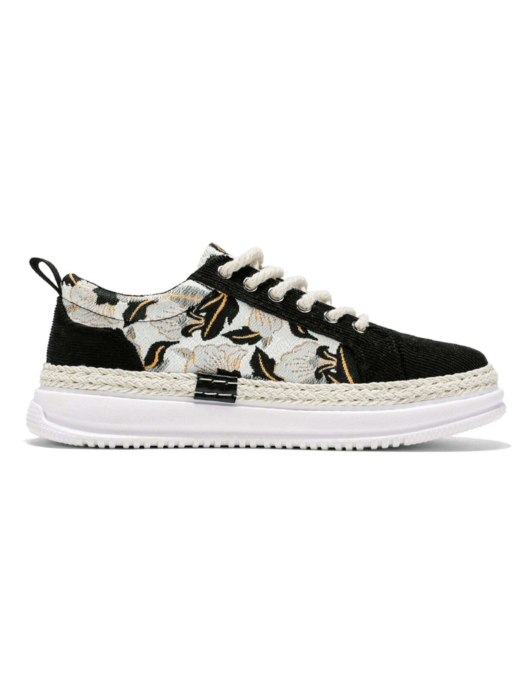 Black Floral Embroidered Lace-Up Sneakers