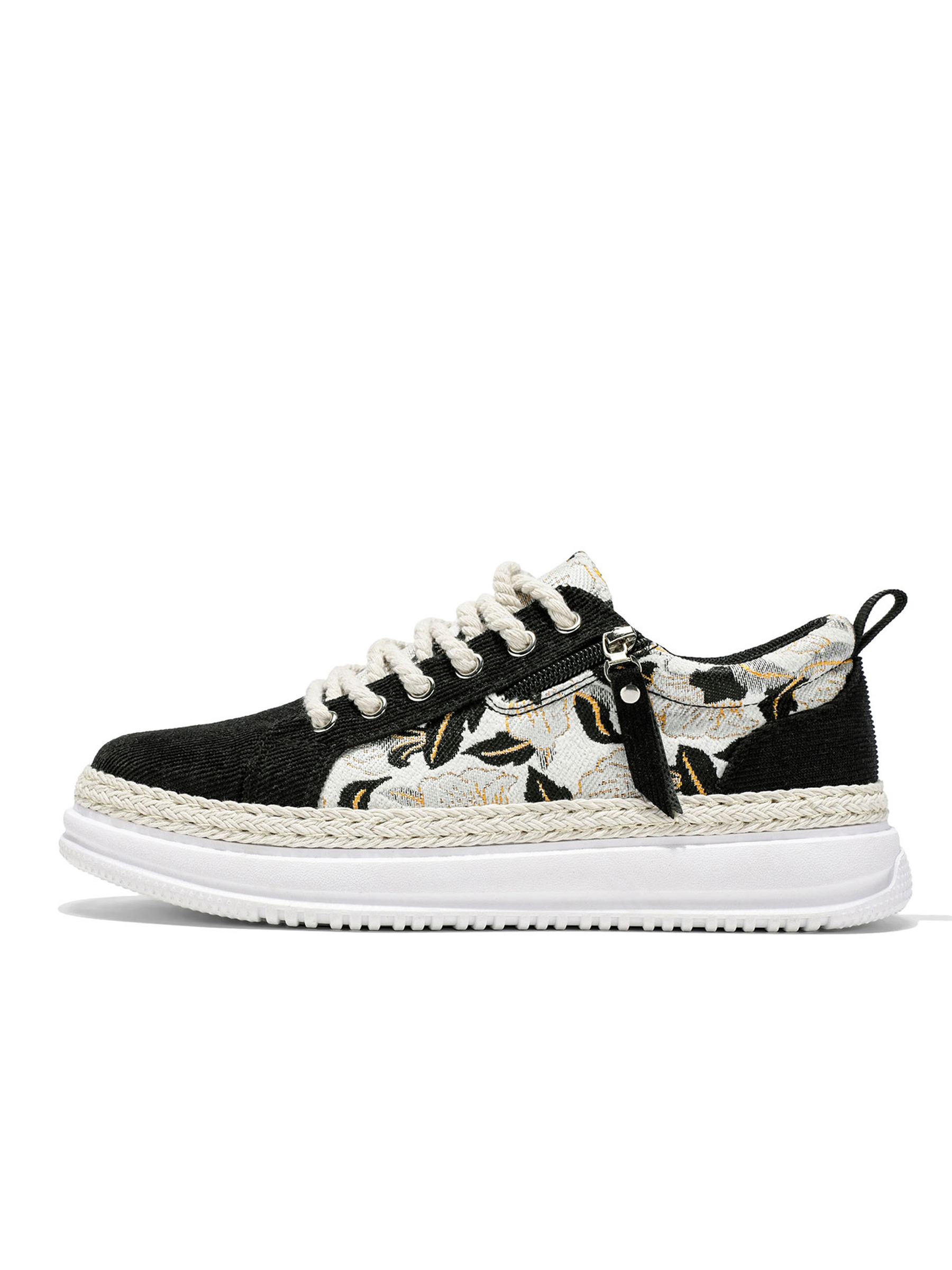 Black Floral Embroidered Lace-Up Sneakers