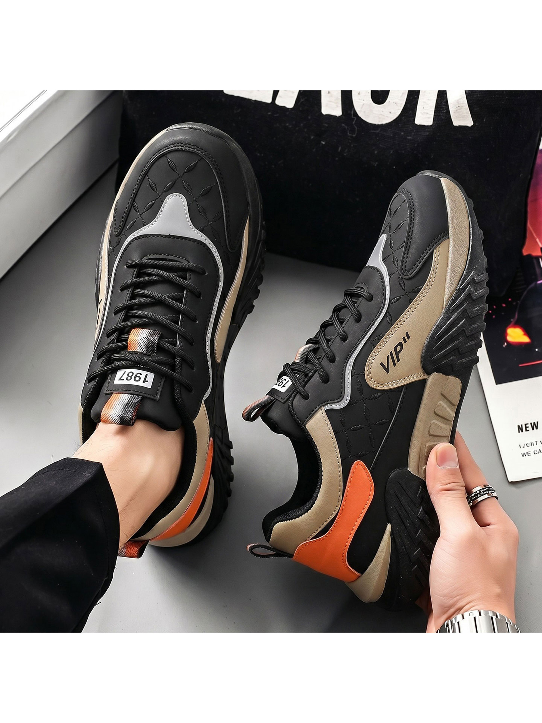 Black Contrast Panel Lace Up Sneakers