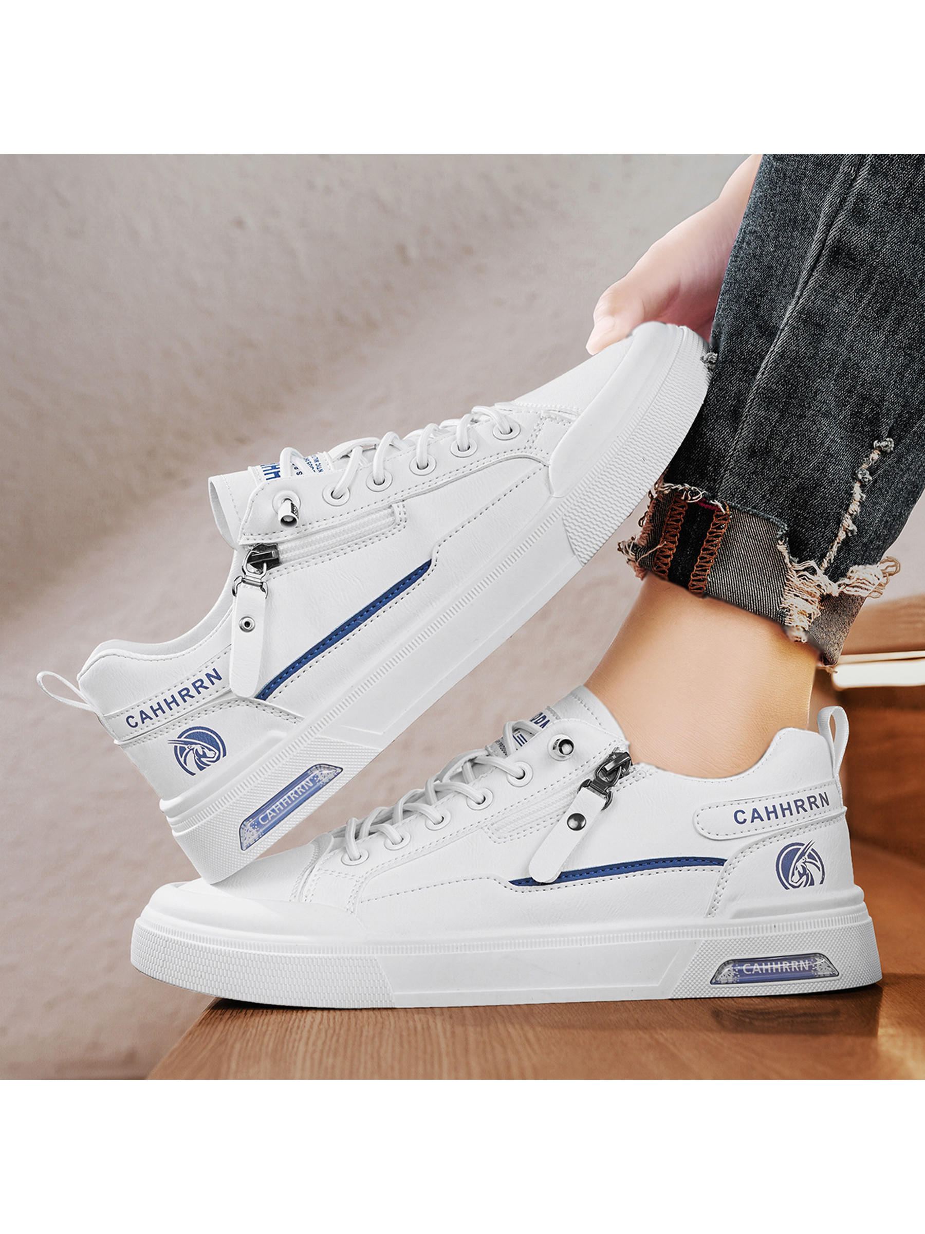 Mens White Casual Sneakers with Side Zipper