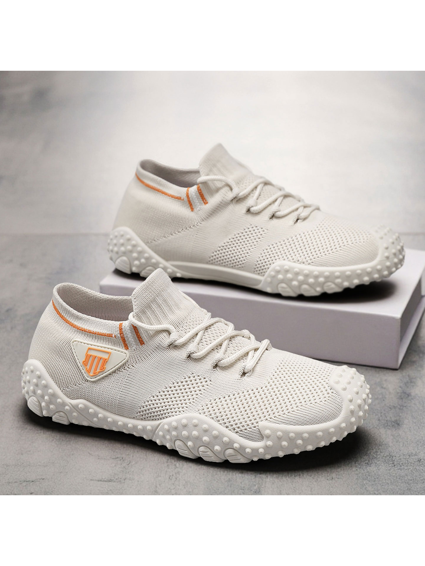 Beige Breathable Knit Lace-Up Sneakers
