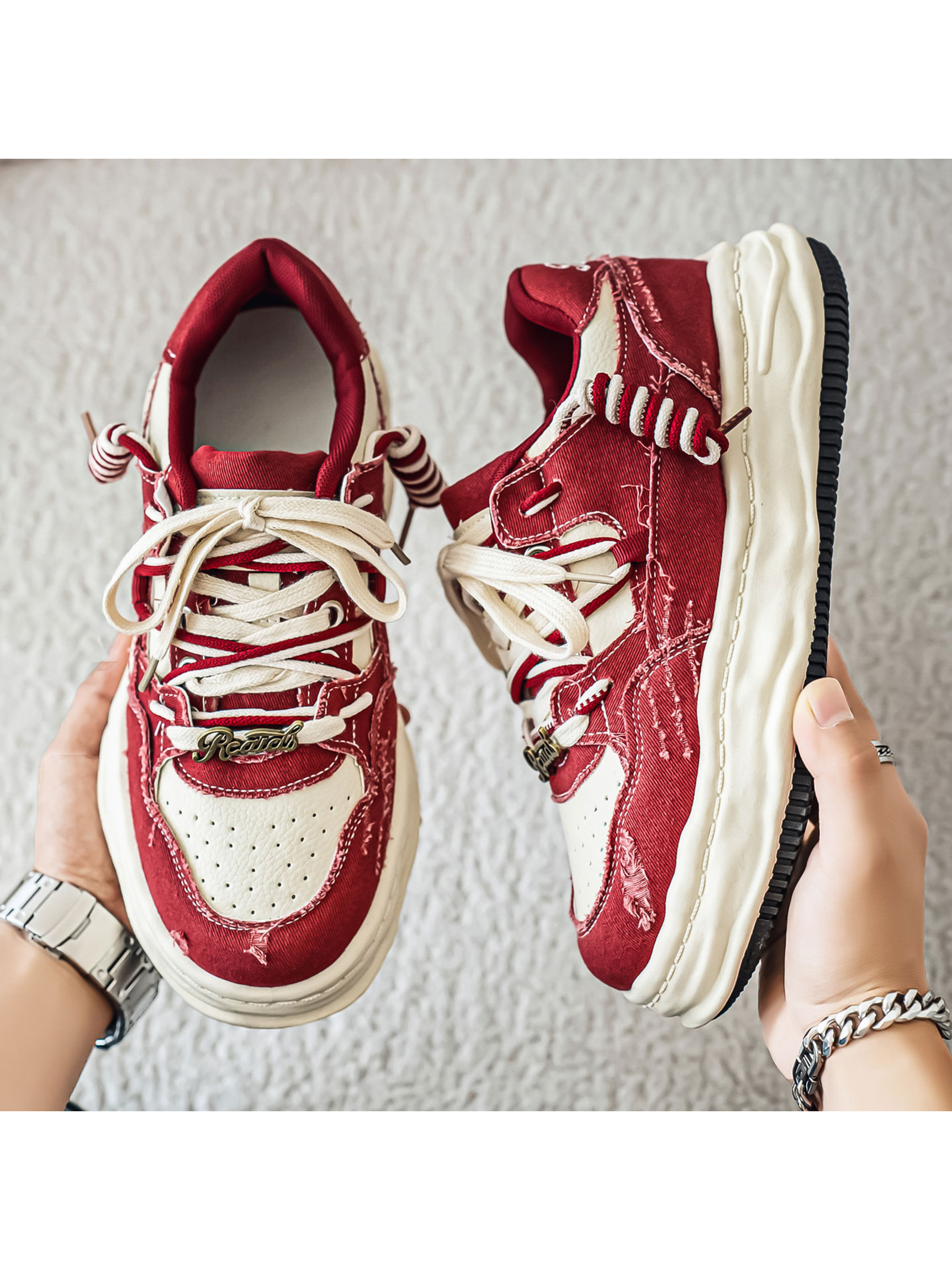 Mens Red Distressed Casual Sneakers