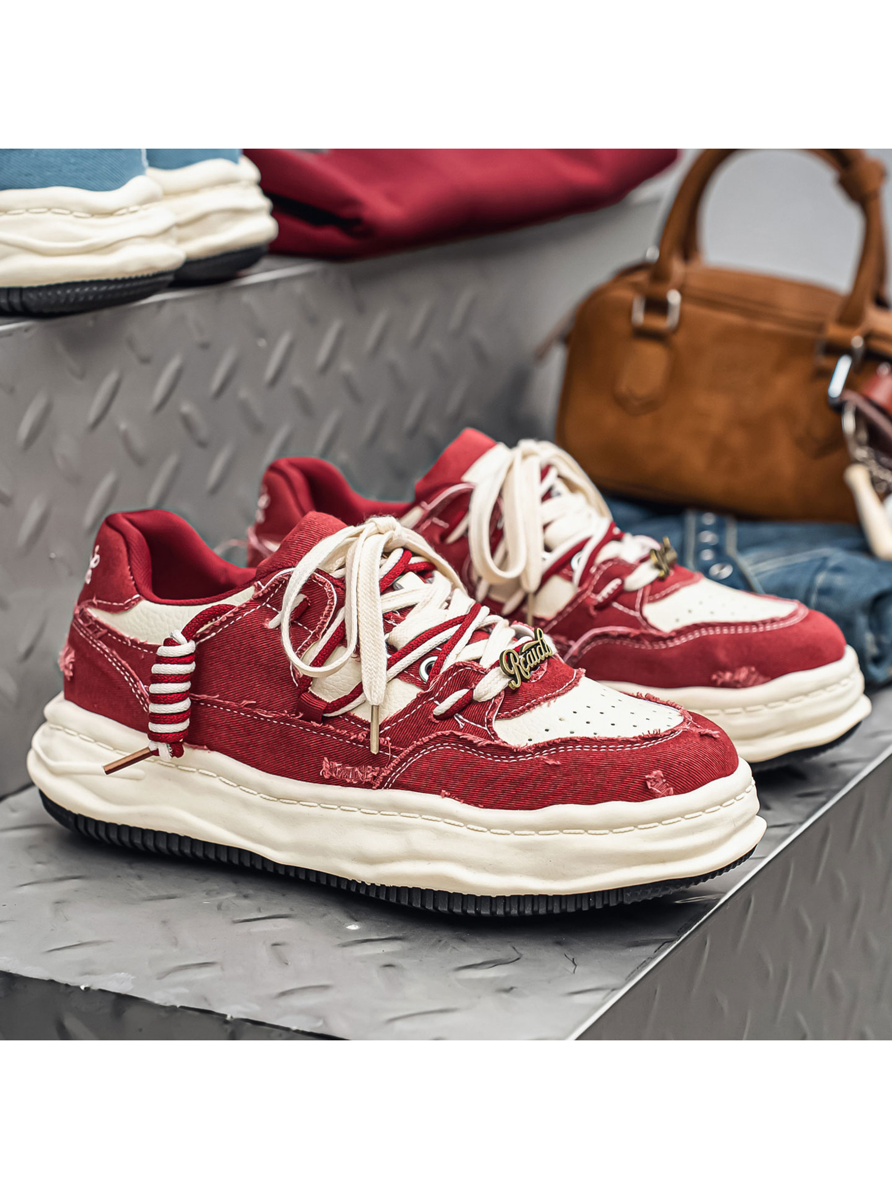 Mens Red Distressed Casual Sneakers