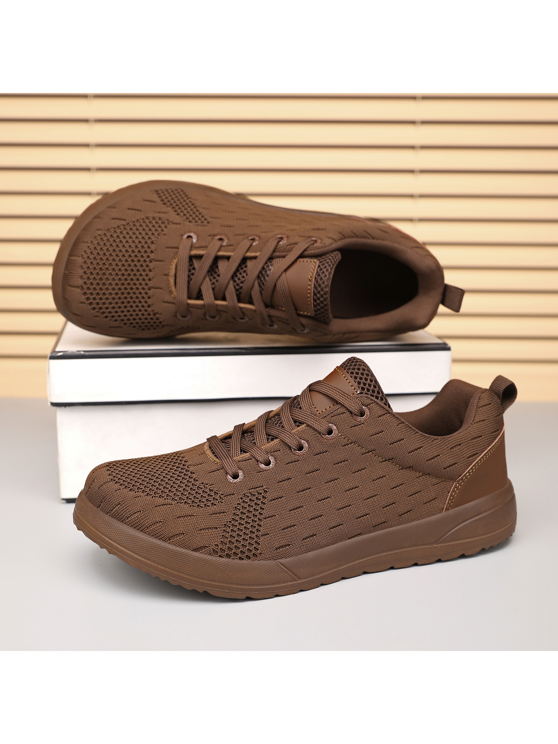 Mens Brown Knit Lace-Up Sneakers