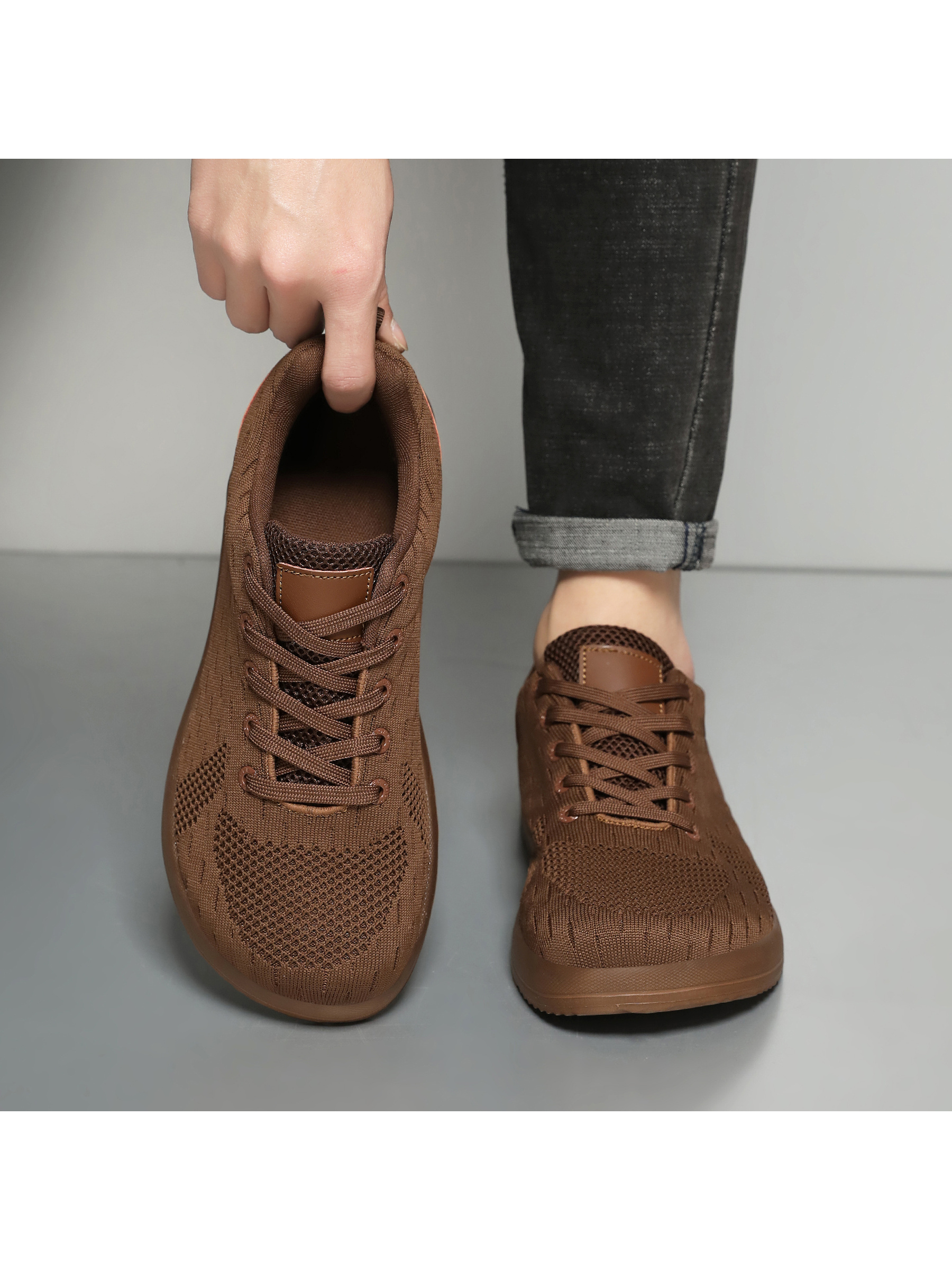 Mens Brown Knit Lace-Up Sneakers