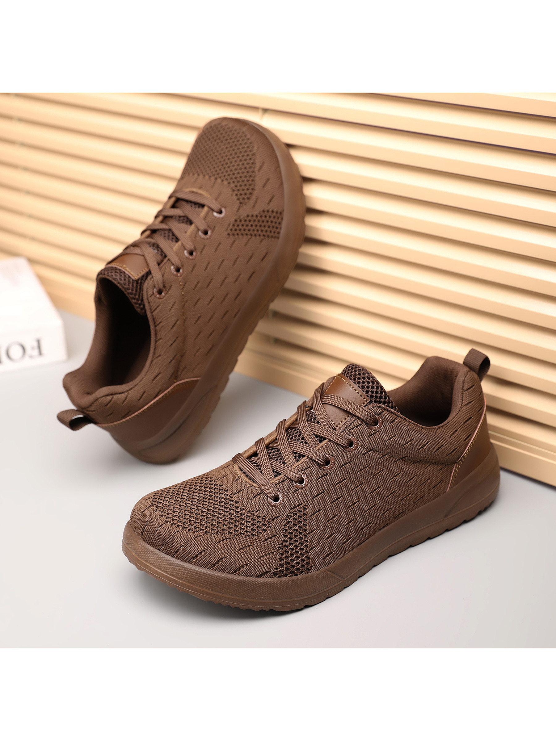 Mens Brown Knit Lace-Up Sneakers