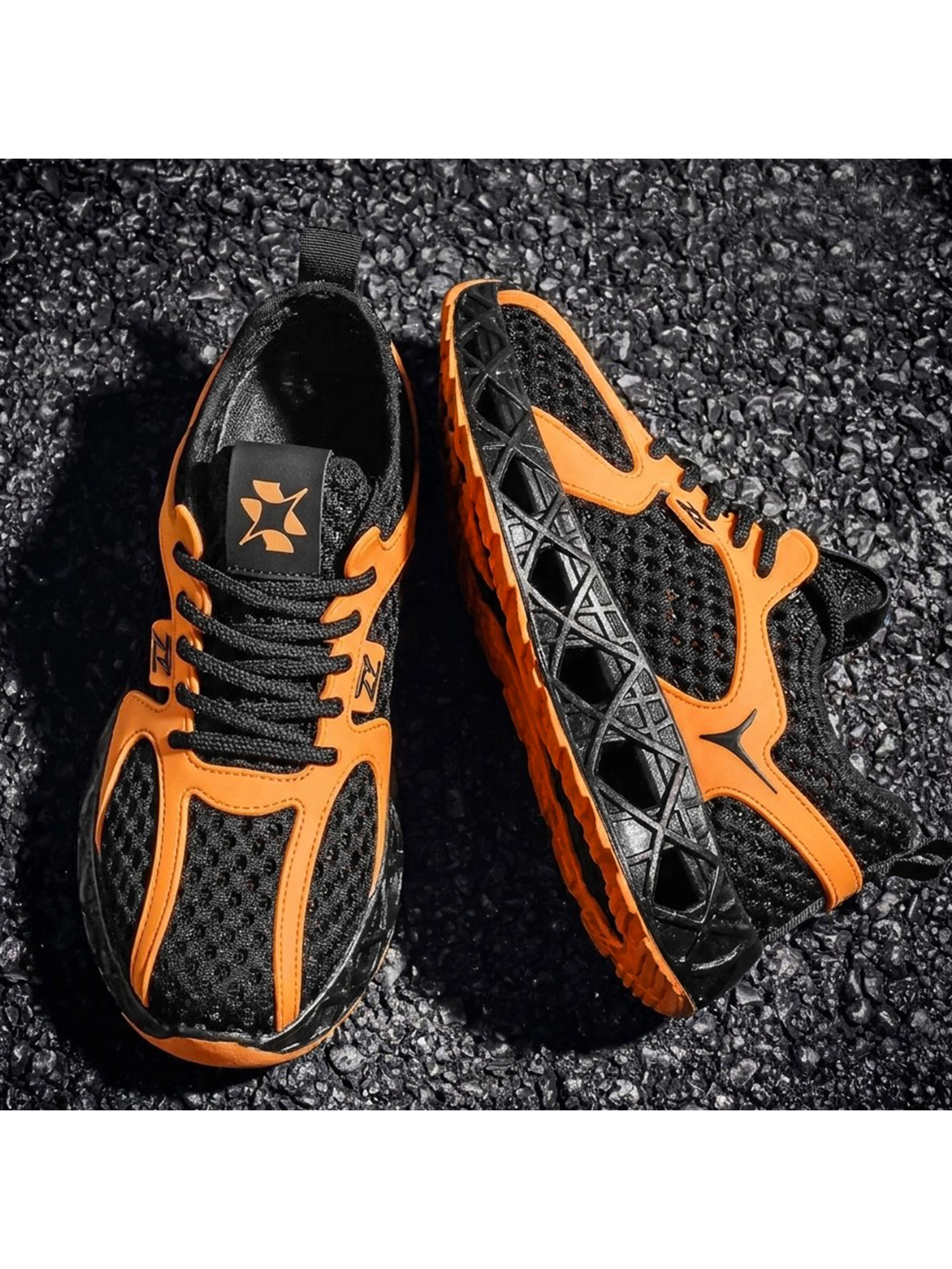Mens Dynamic Orange and Black Mesh Sporty Sneakers