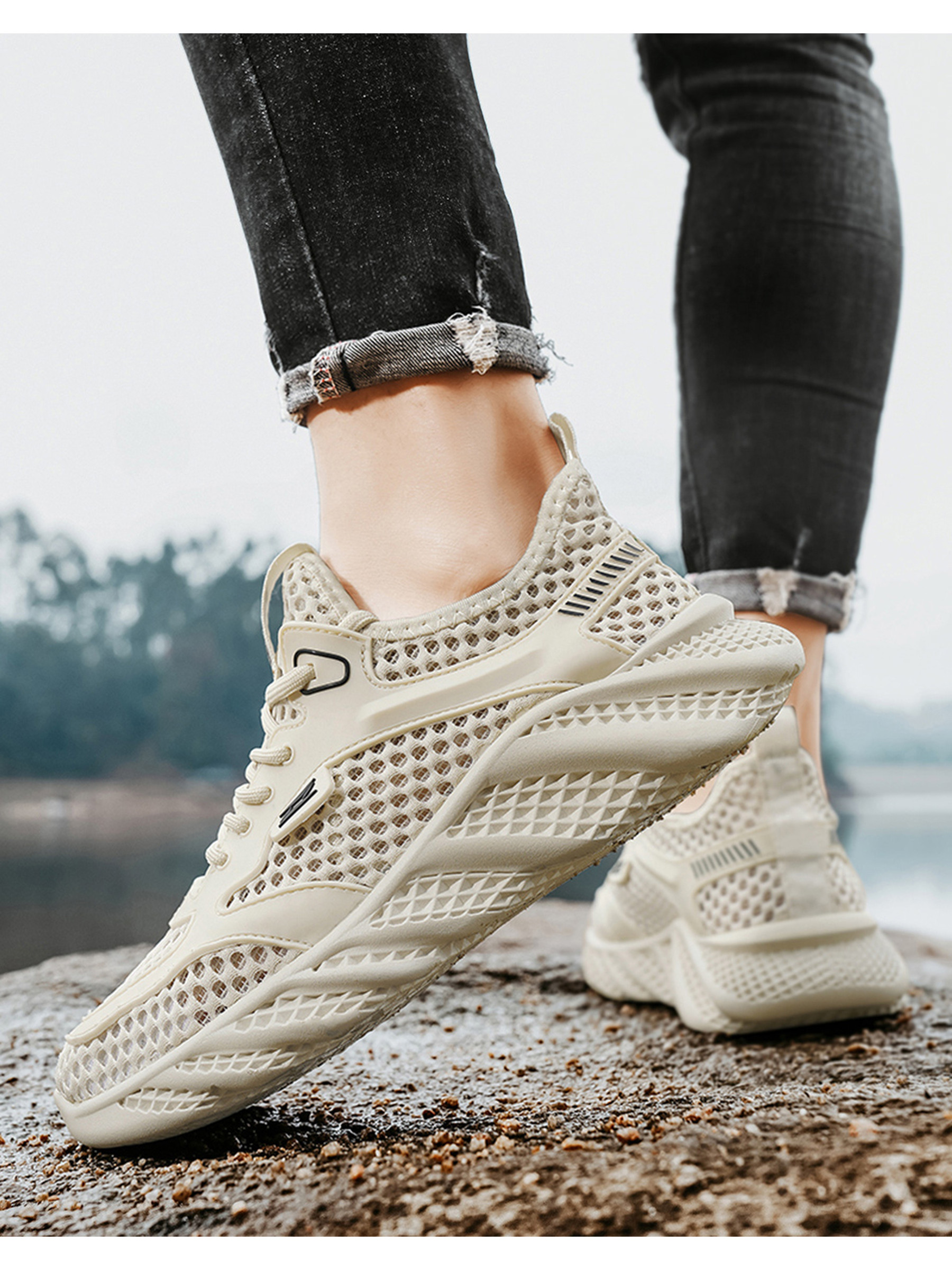 Beige Breathable Mesh Lace Up Sneakers
