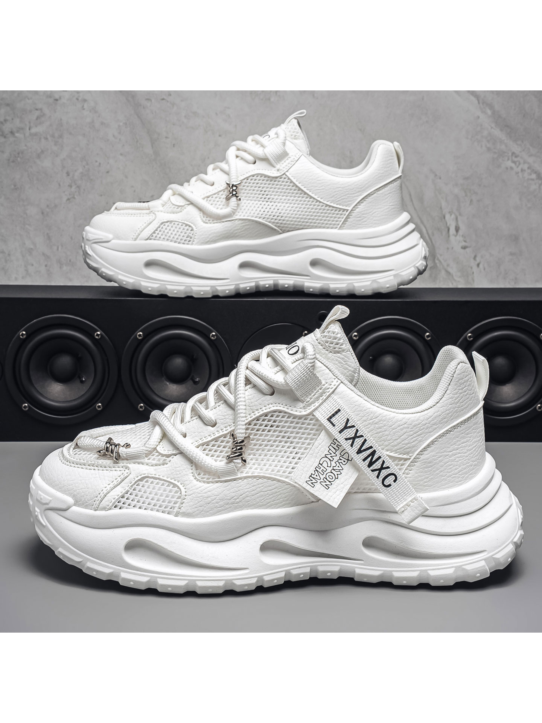 Mens White Mesh Chunky Sneakers