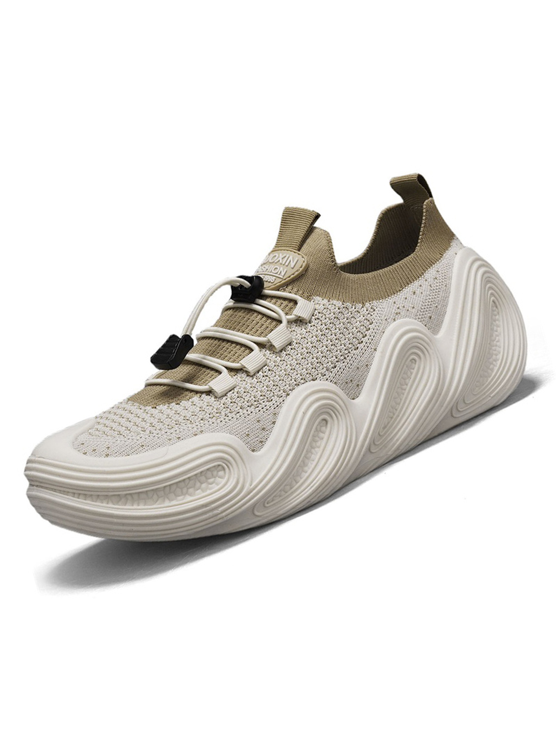 Cream Knit Comfort Sneakers with Wavy Sole