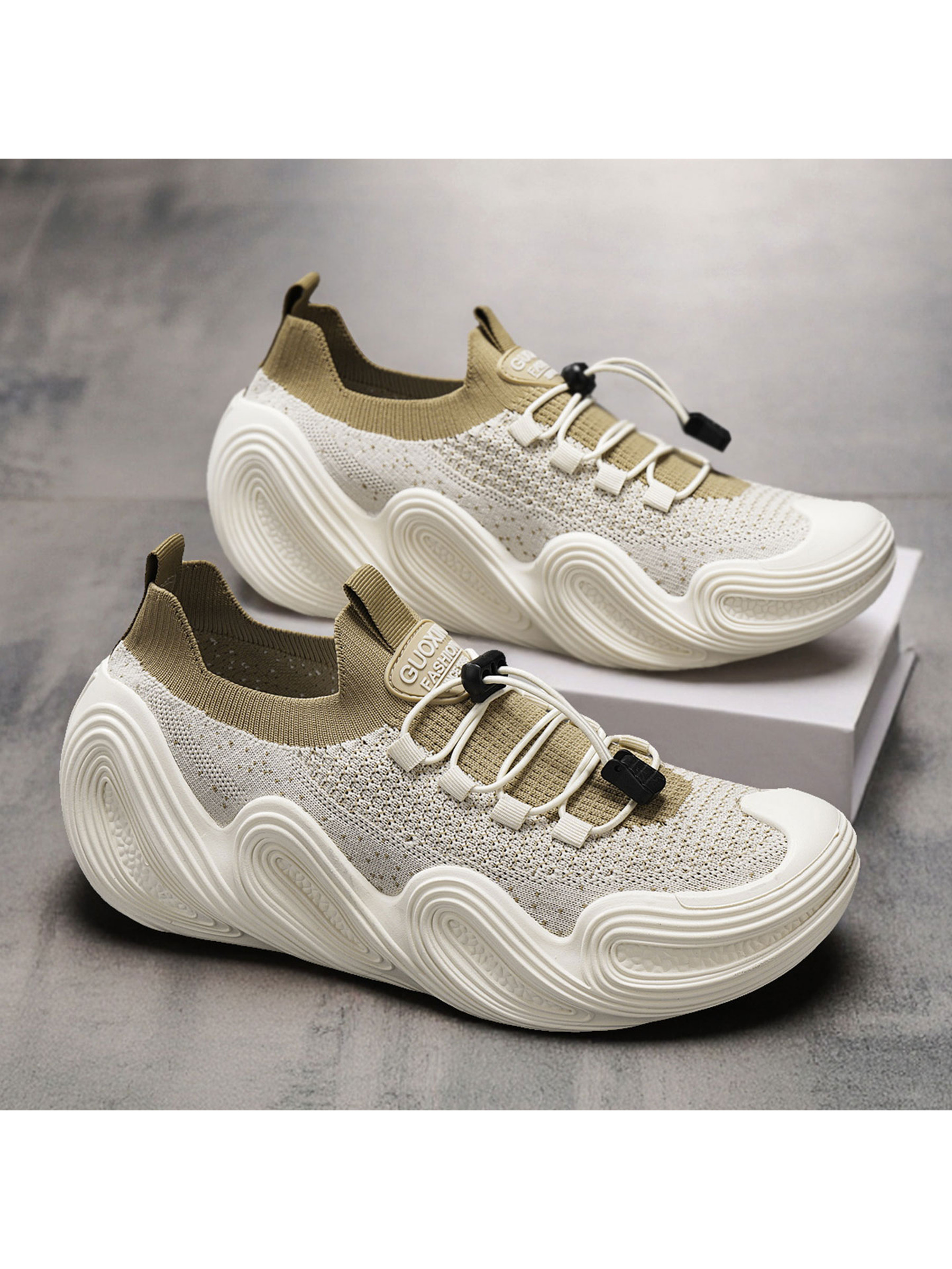 Cream Knit Comfort Sneakers with Wavy Sole