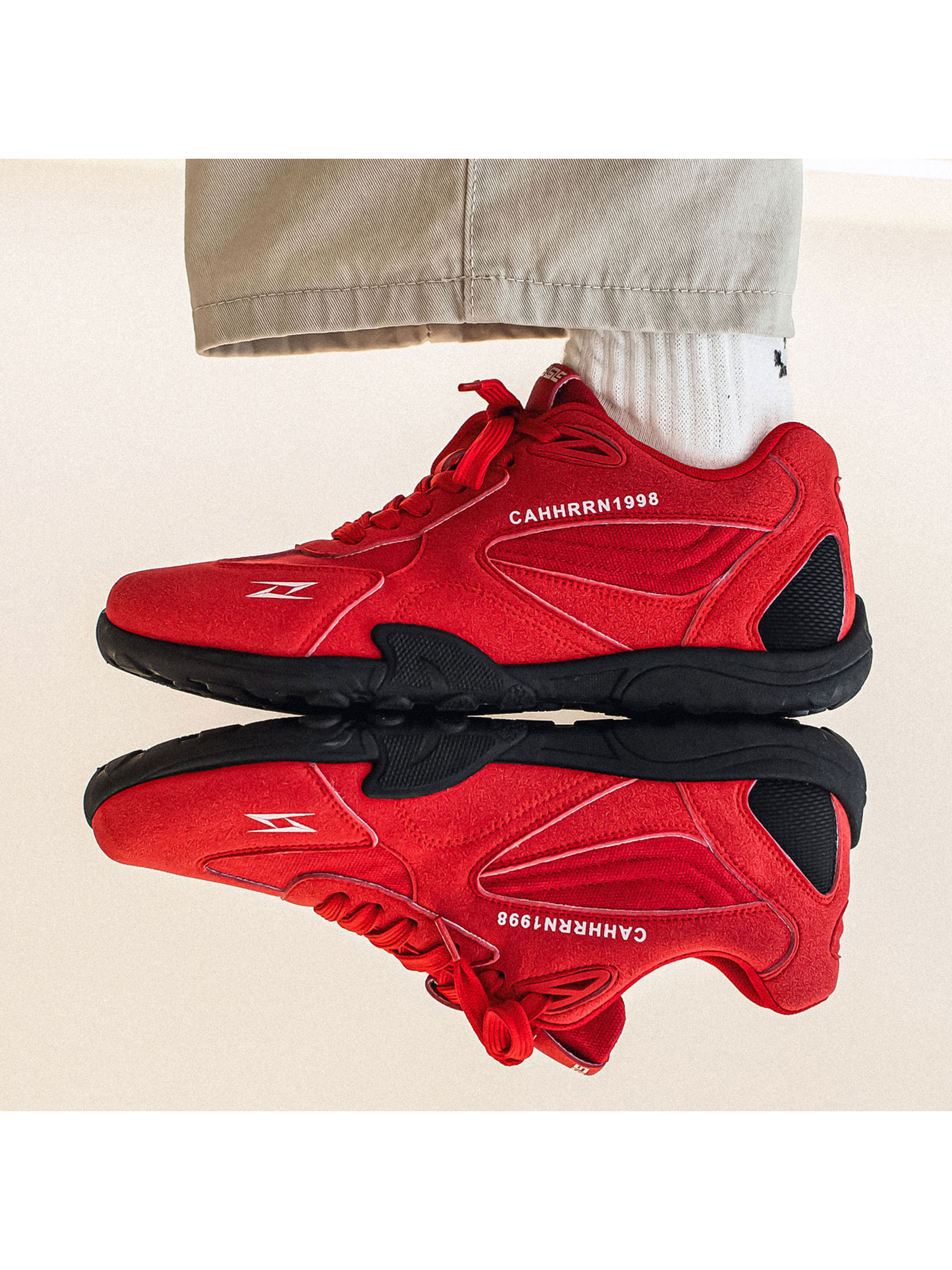 Mens Red Paneled Lace Up Sneakers