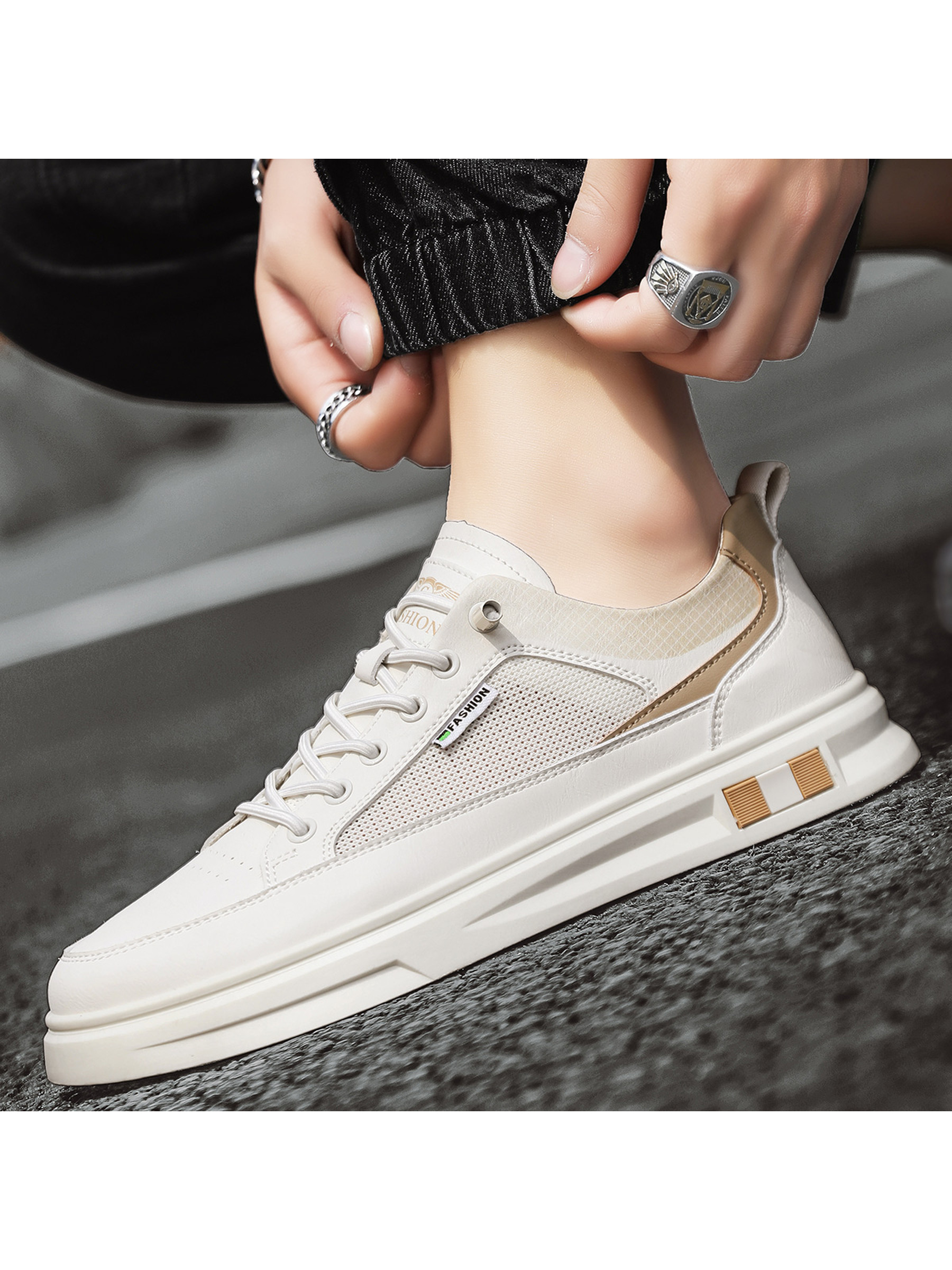 Off White Solid Lace Up Sneakers
