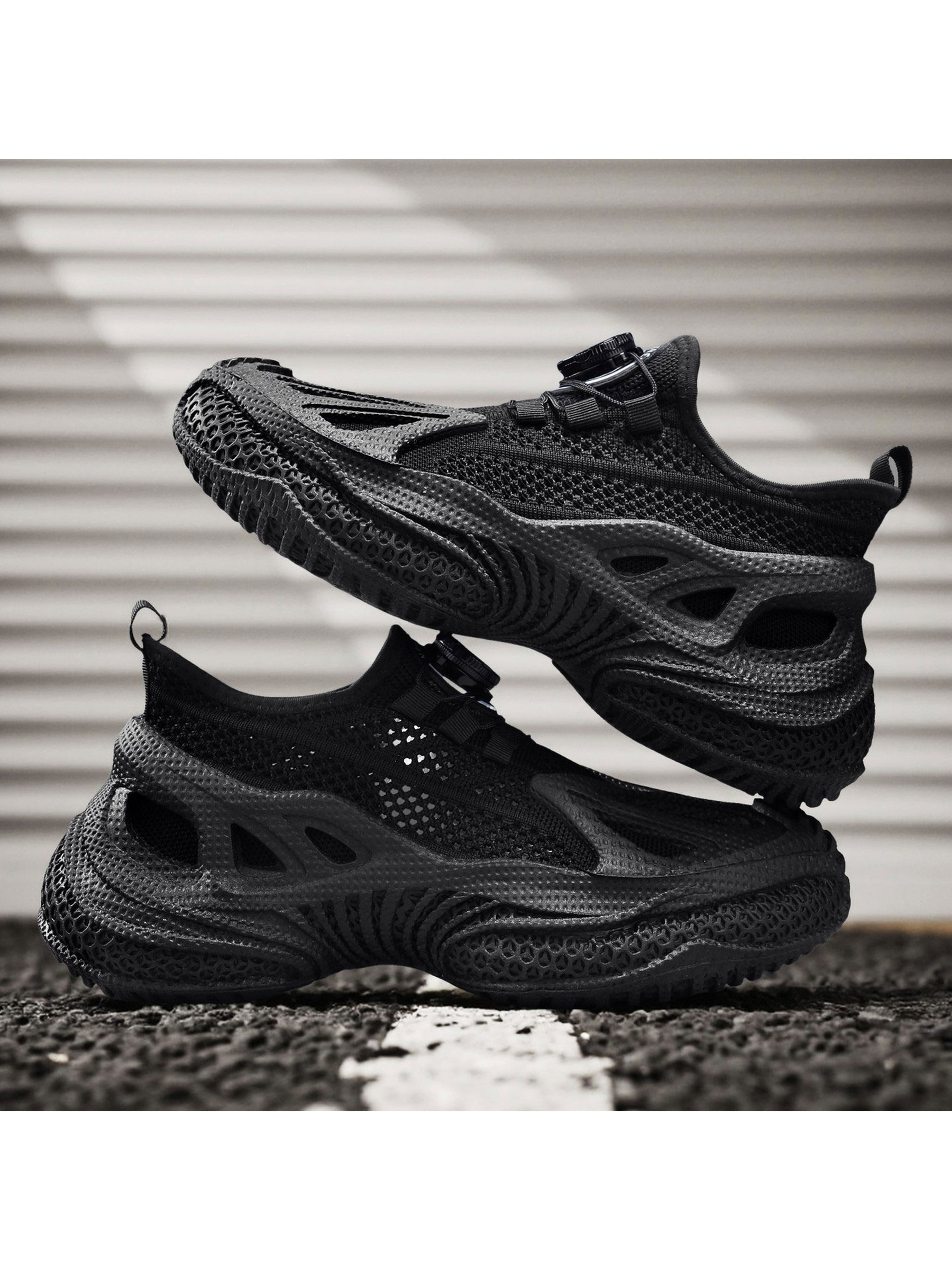 Black Stretch-Lace Textured Sneakers