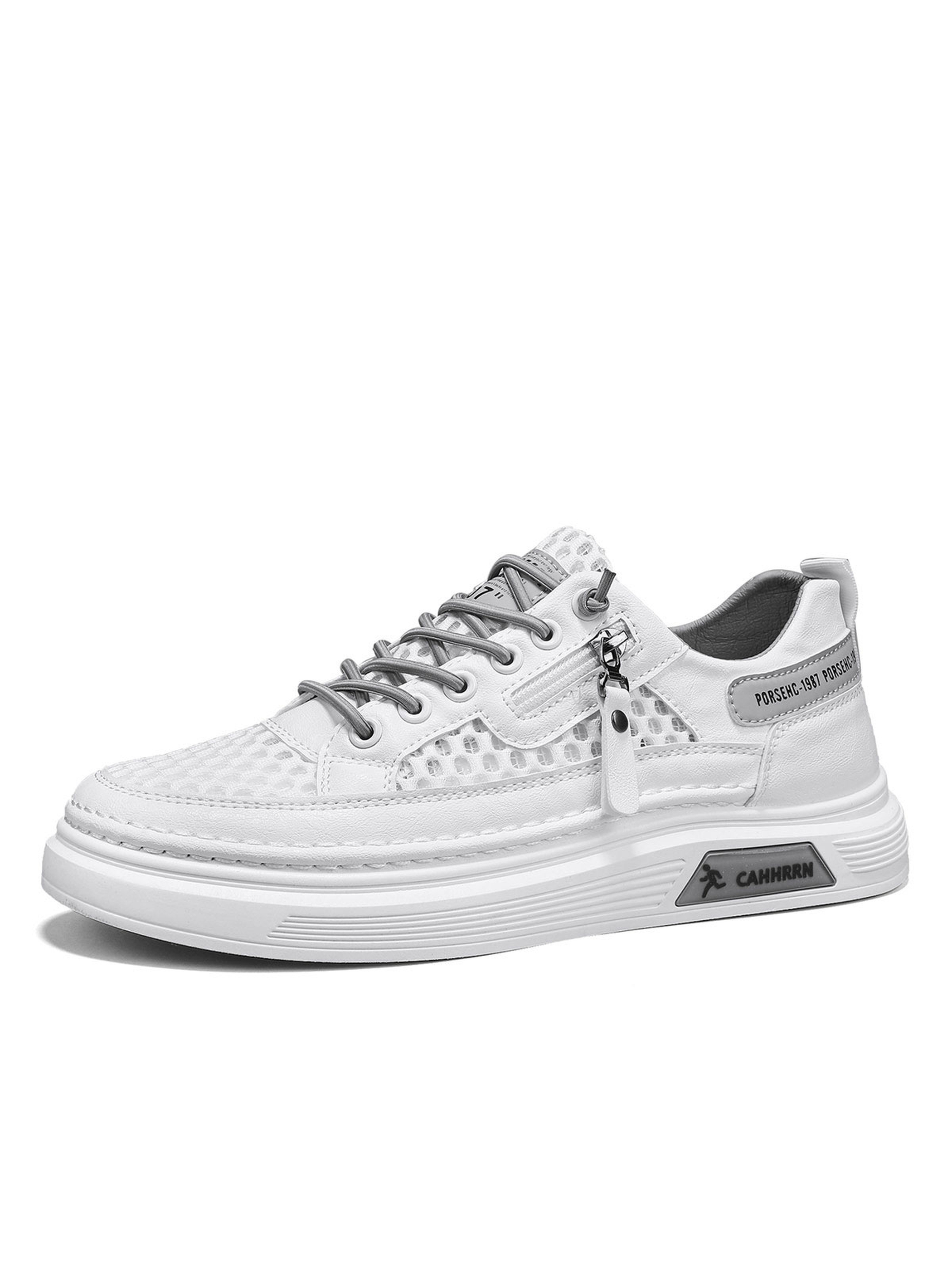 Mens White Breathable Mesh Sneakers with Side Zip