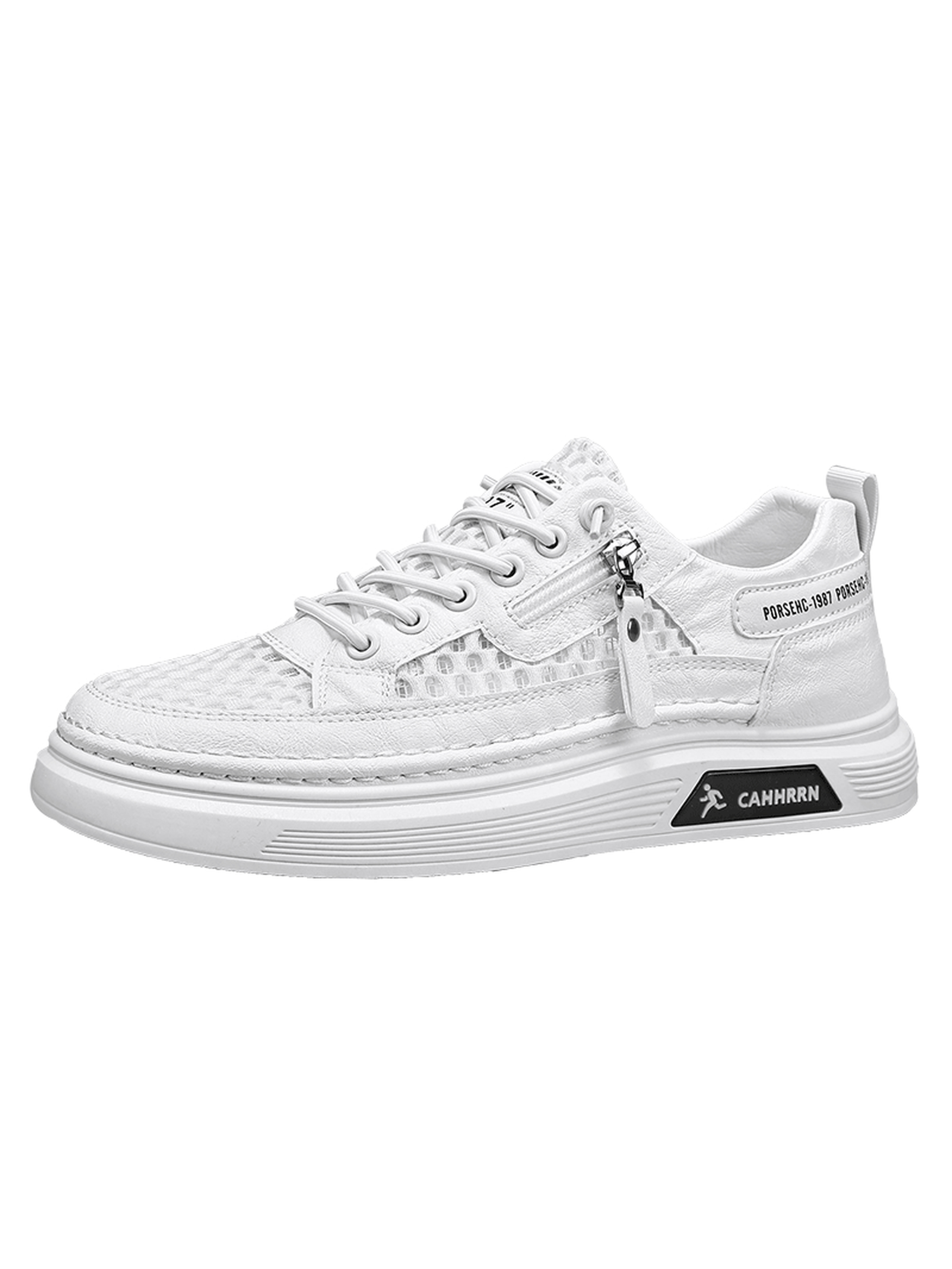 Mens White Breathable Mesh Sneakers with Side Zip