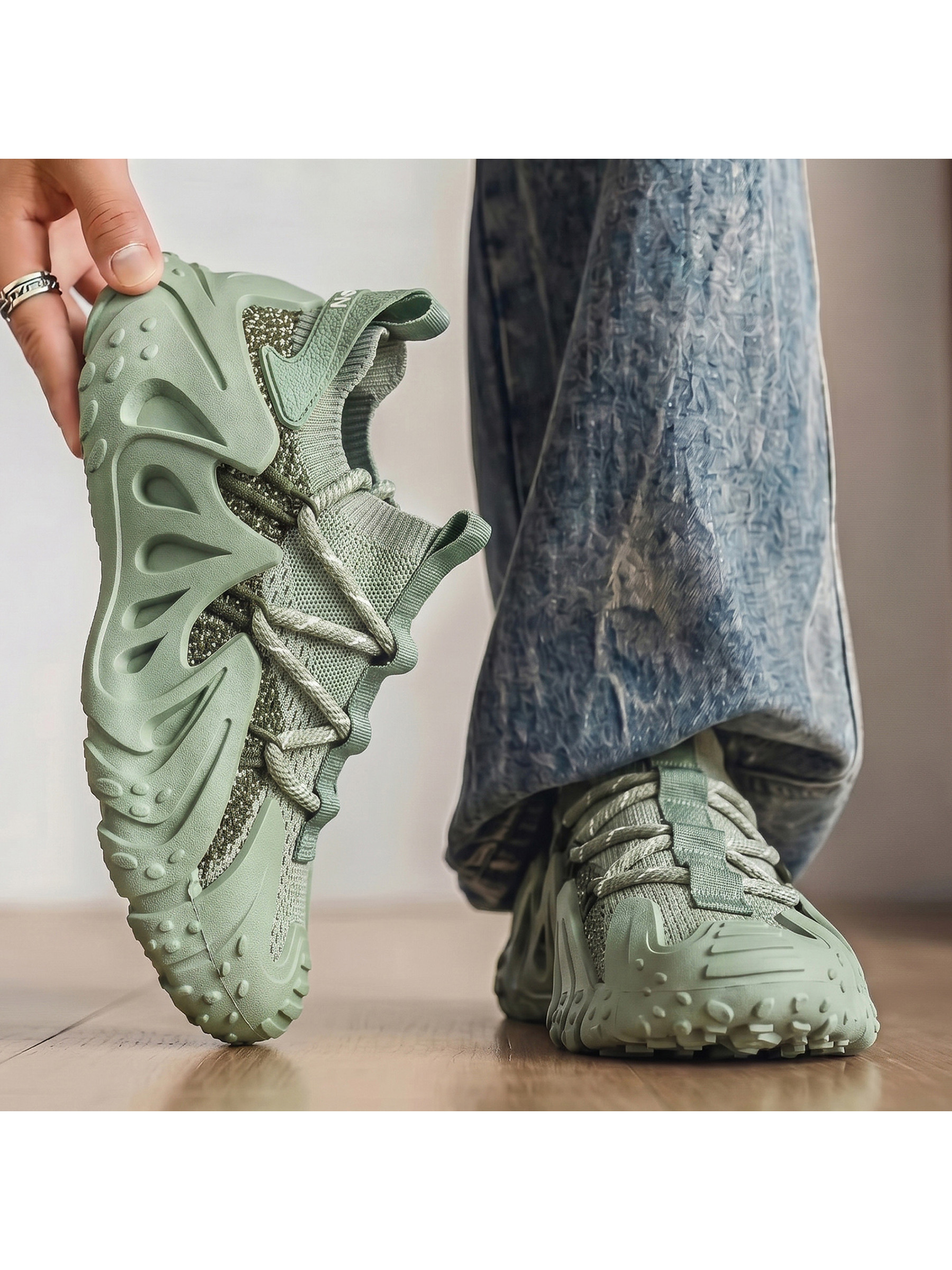 Mens Sage Green Knit Lace Up Sneakers