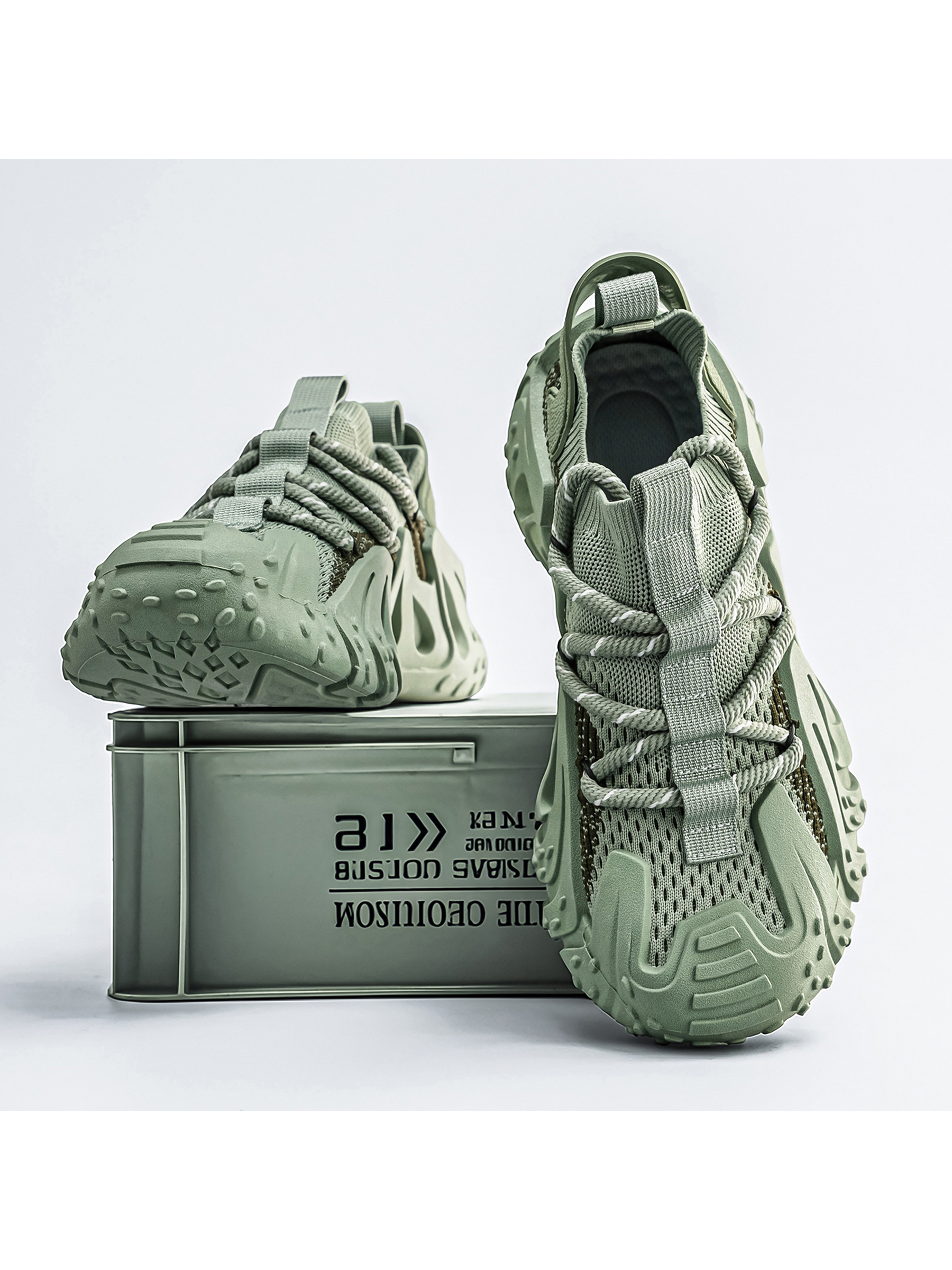 Mens Sage Green Knit Lace Up Sneakers