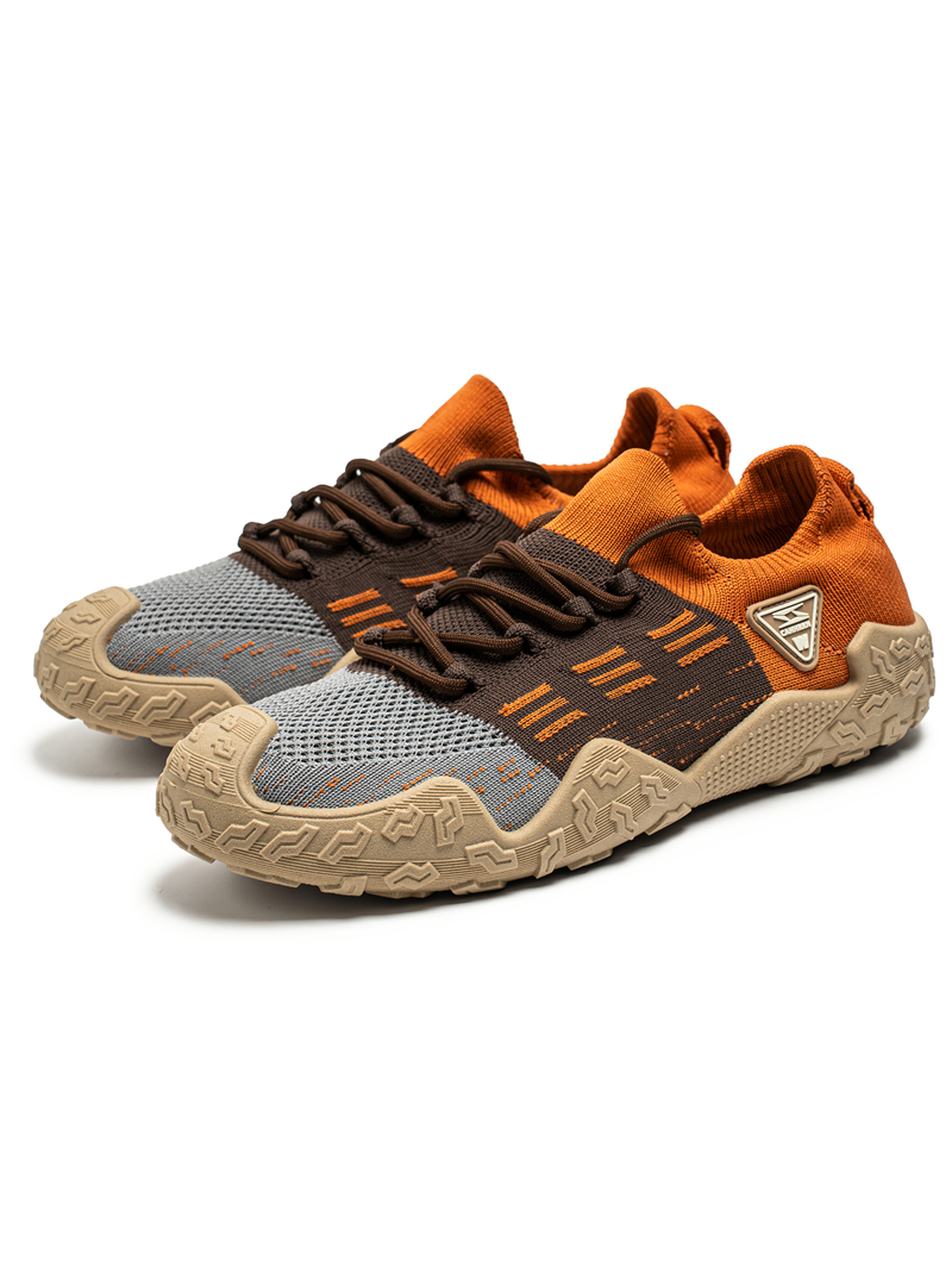 Mens Orange and Brown Knit Lace Up Sneakers