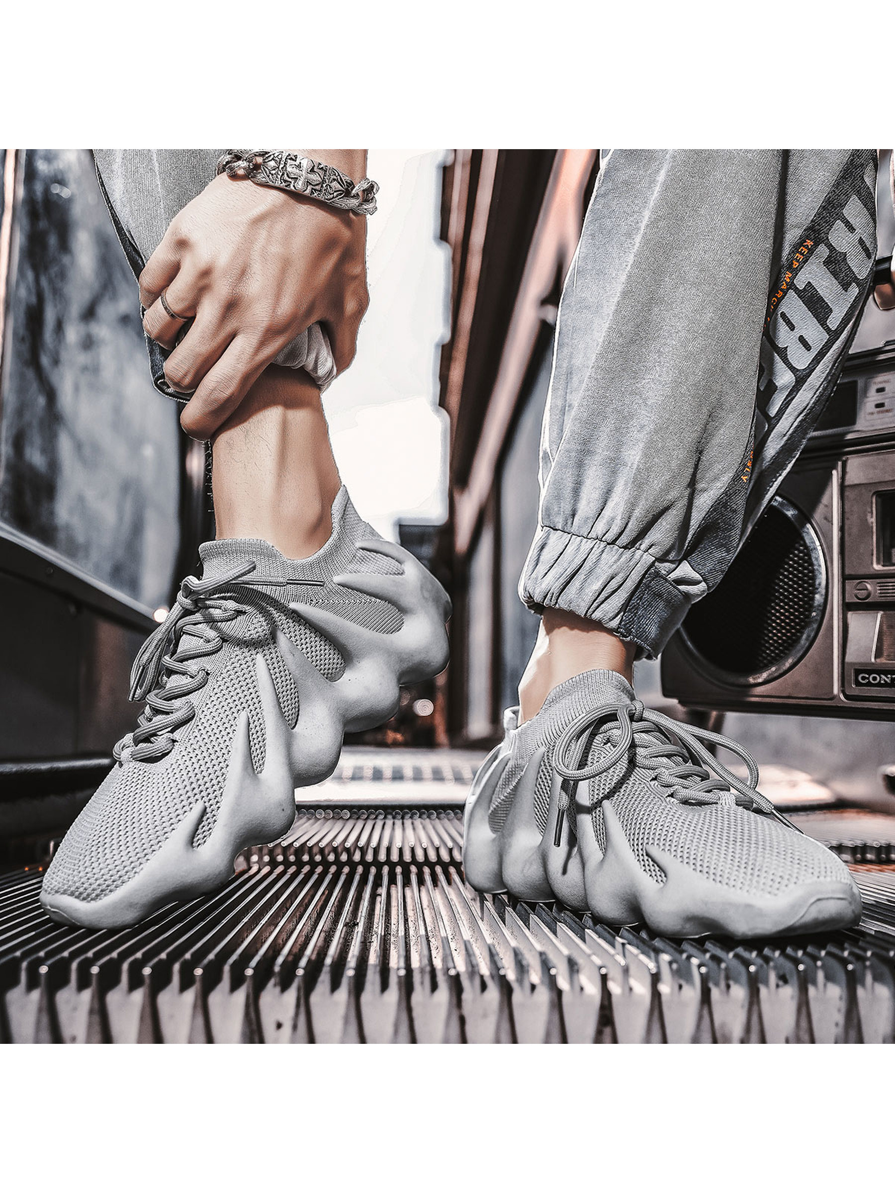 Mens Grey Knit Sporty Sneakers