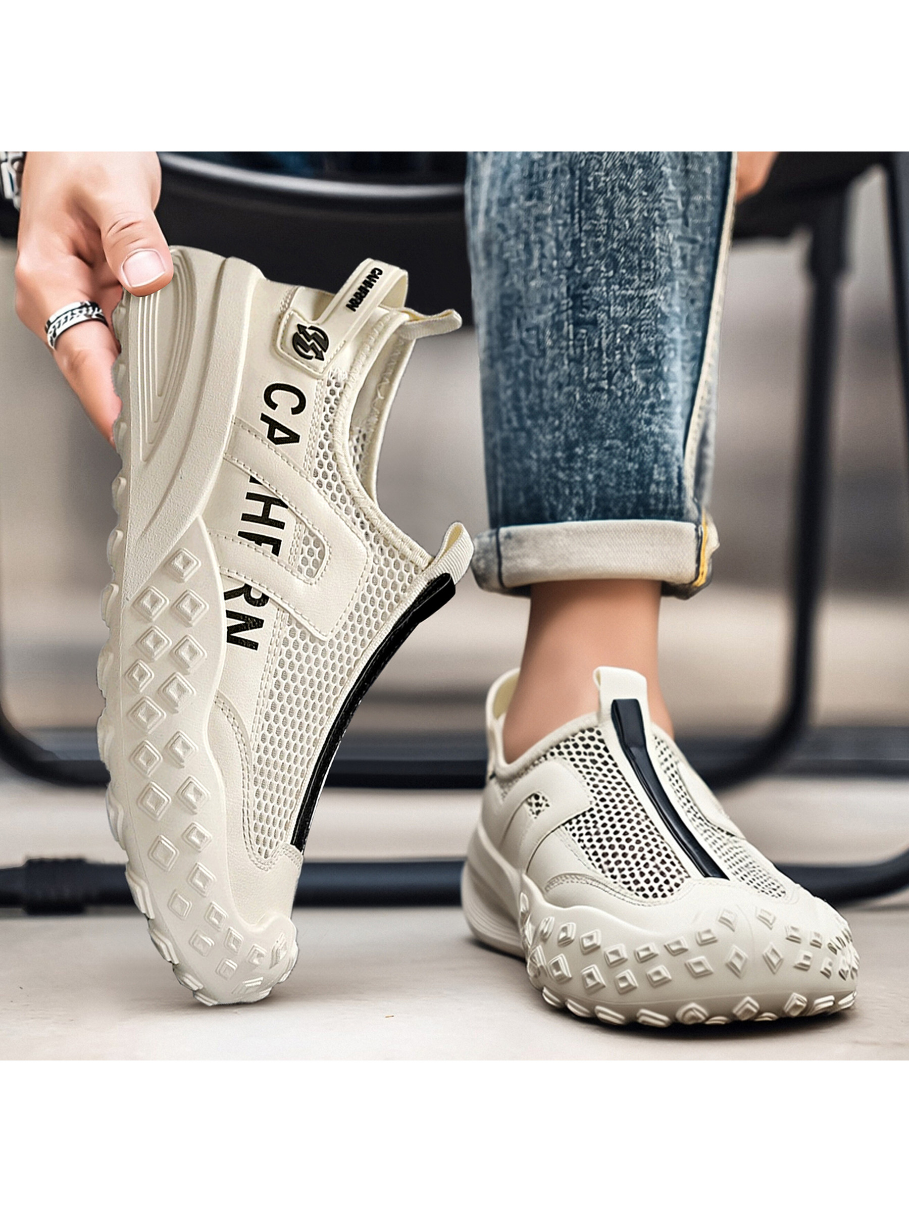 Cream Mesh Lightweight Slip-On Sneakers