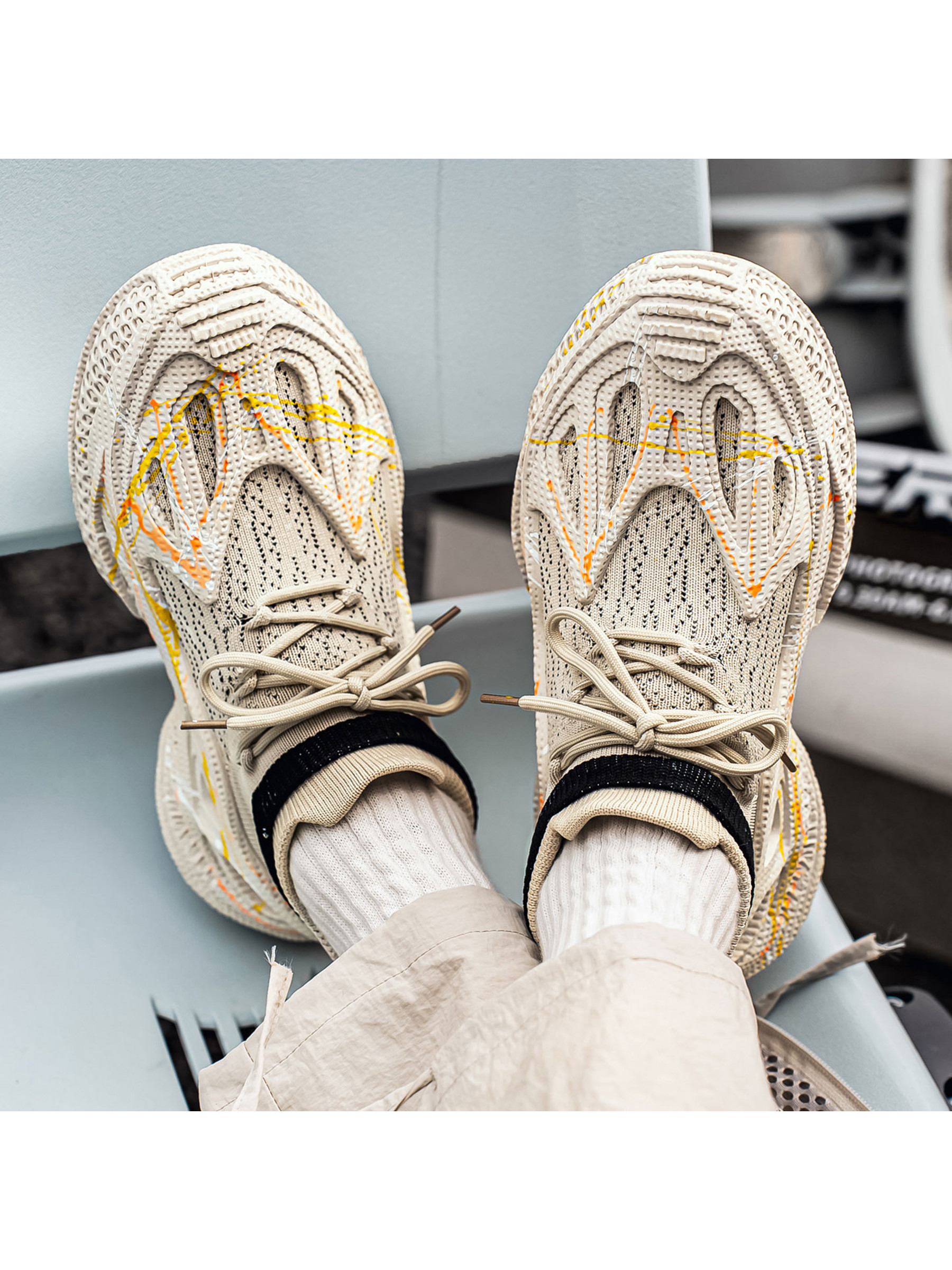 Beige Lightweight Knit Sports Sneakers