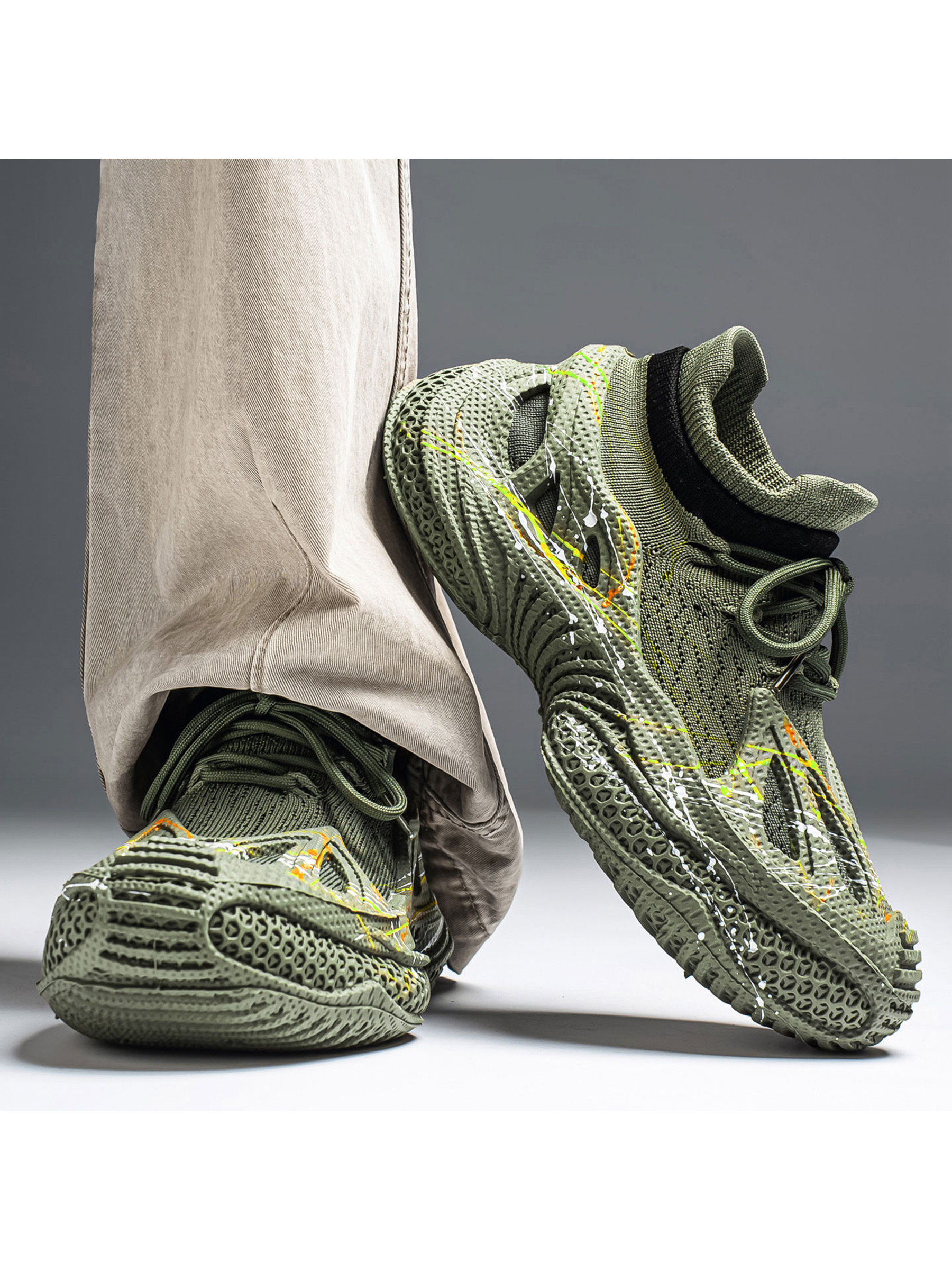 Mens Olive Green Splatter Design Sneakers