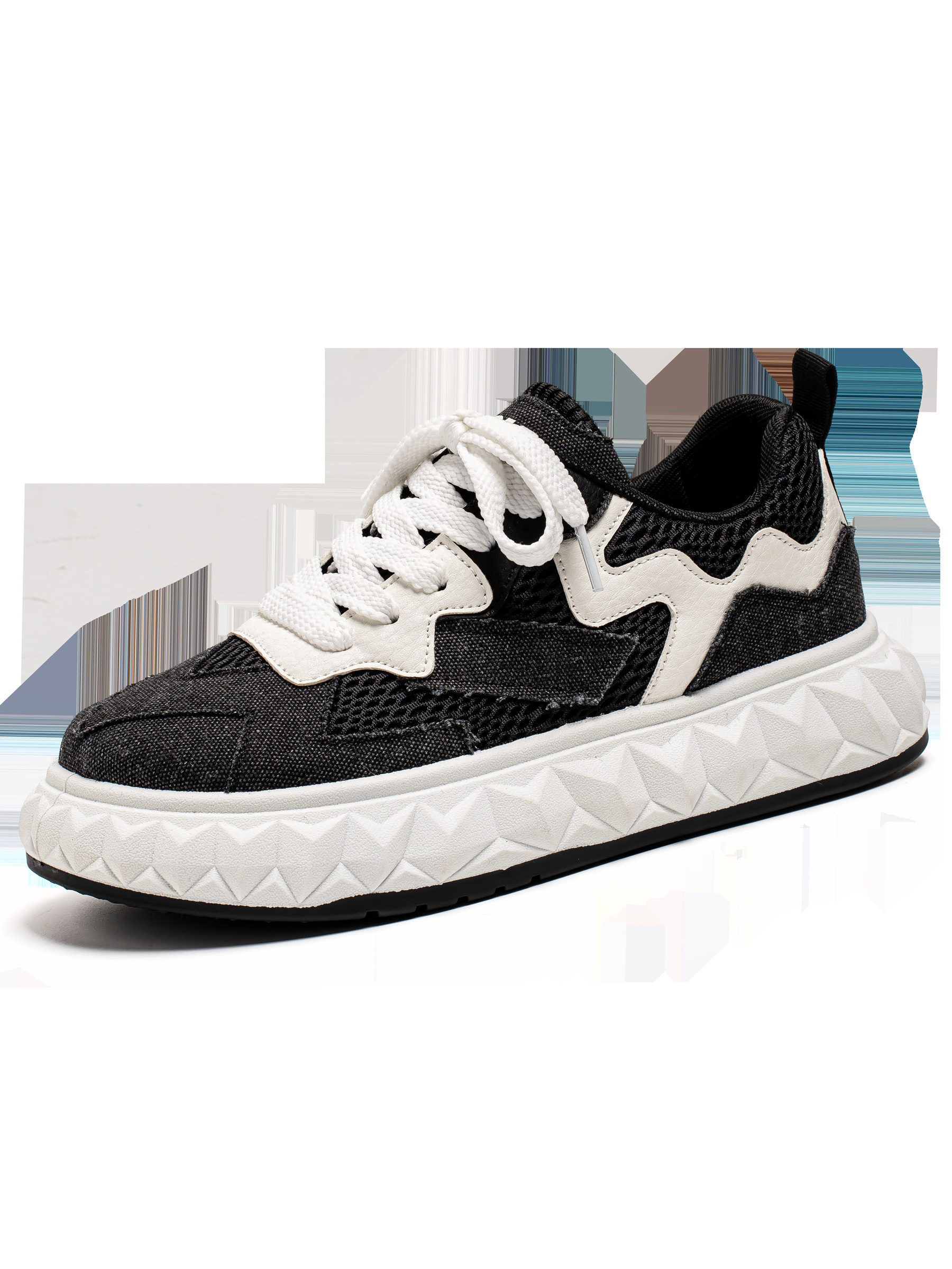 Black Mesh and Denim Panel Sneakers with Geometric Sole