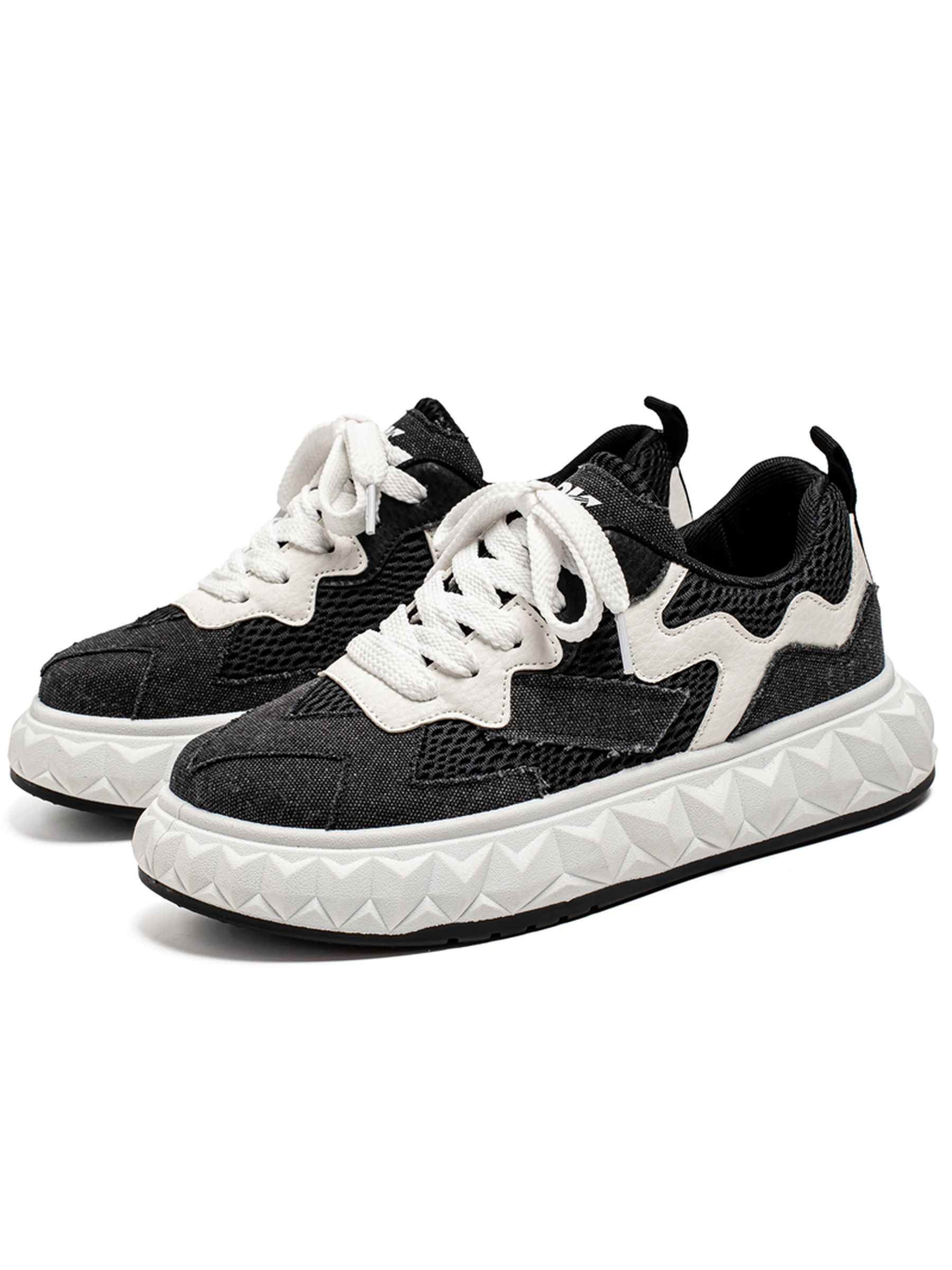 Black Mesh and Denim Panel Sneakers with Geometric Sole