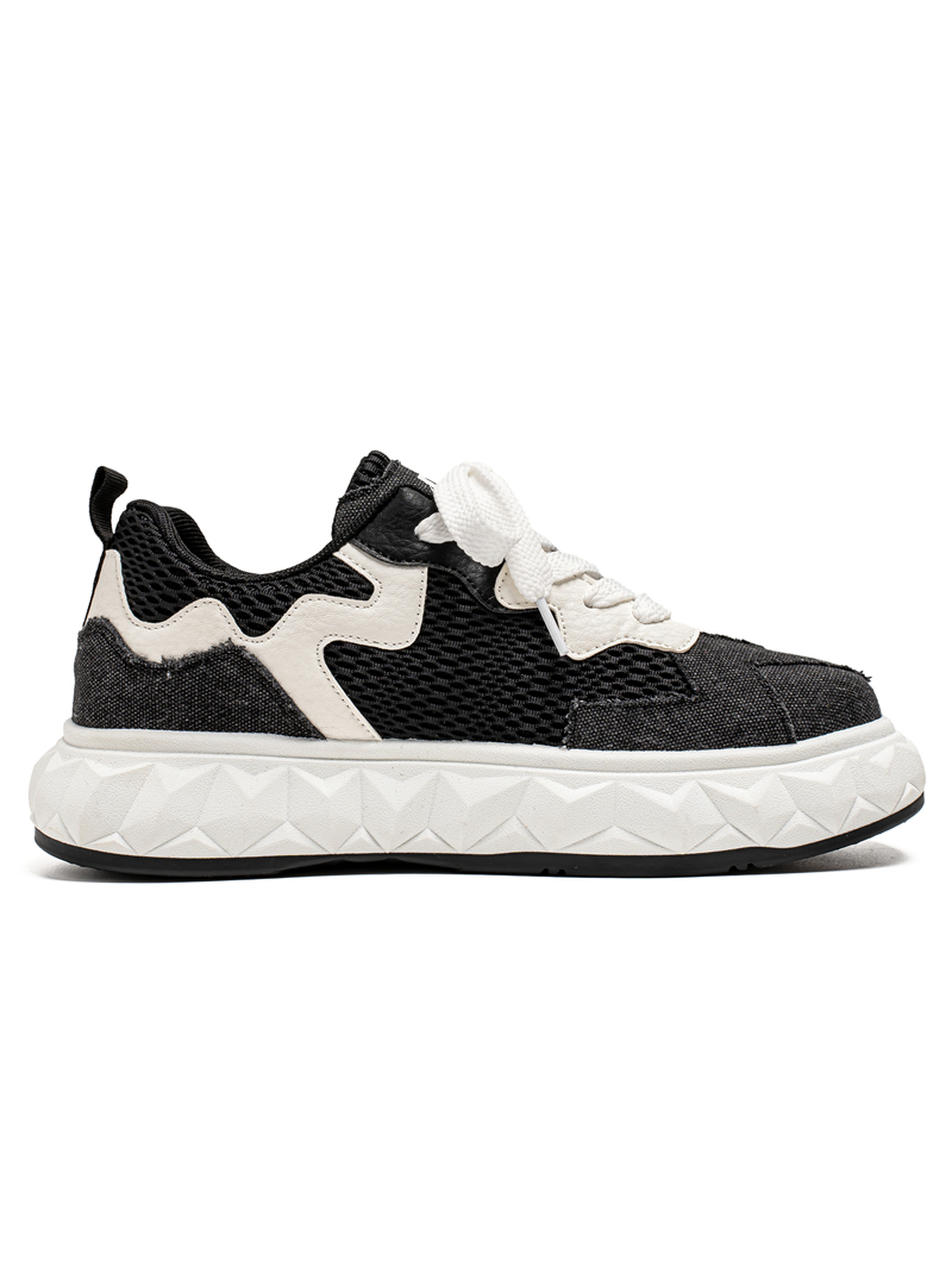 Black Mesh and Denim Panel Sneakers with Geometric Sole