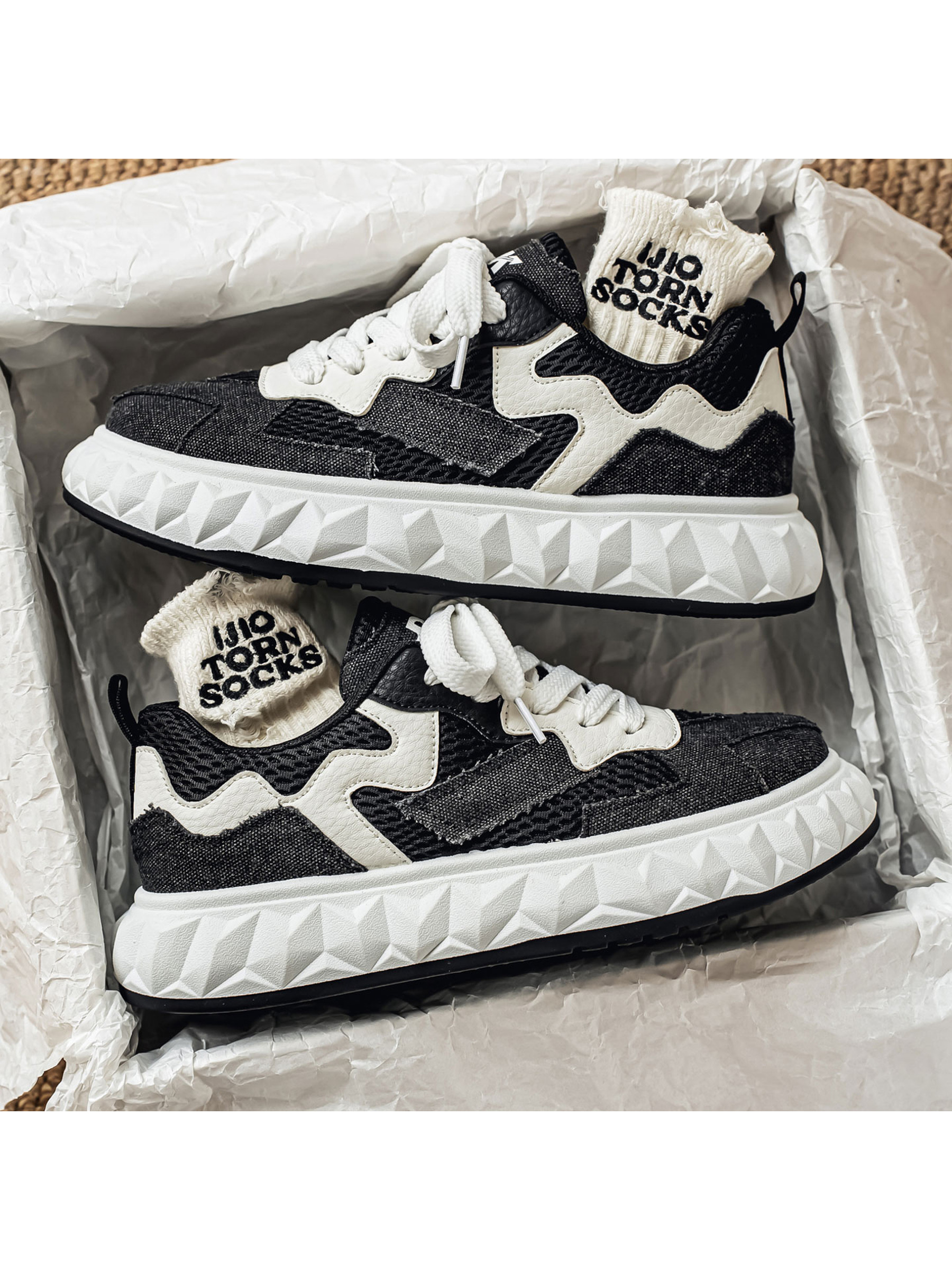 Black Mesh and Denim Panel Sneakers with Geometric Sole