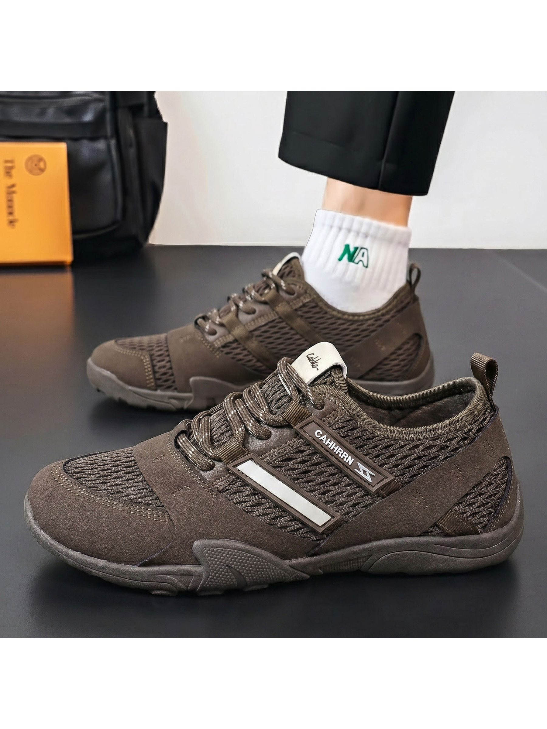 Mens Brown Textured Lace Up Sneakers