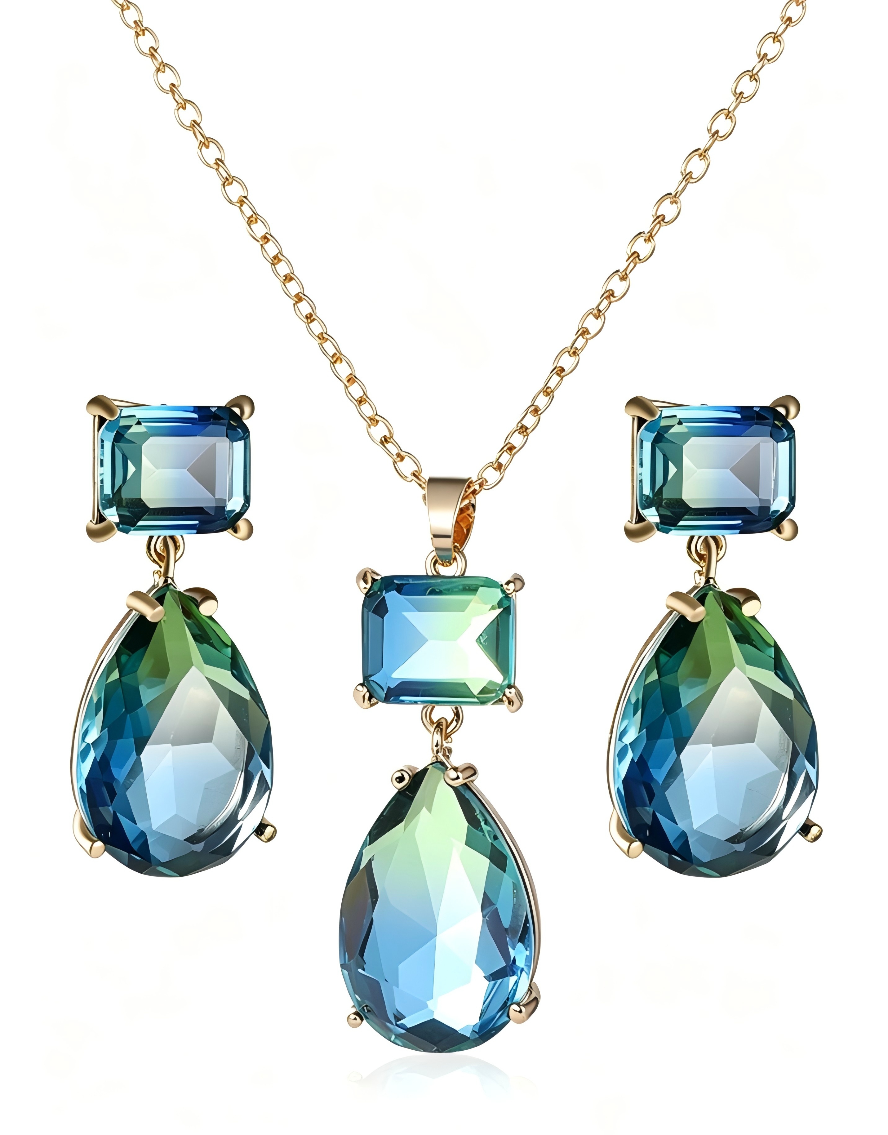 Ocean Blue Gradient Rhinestone Pendant Necklace and Earrings Set
