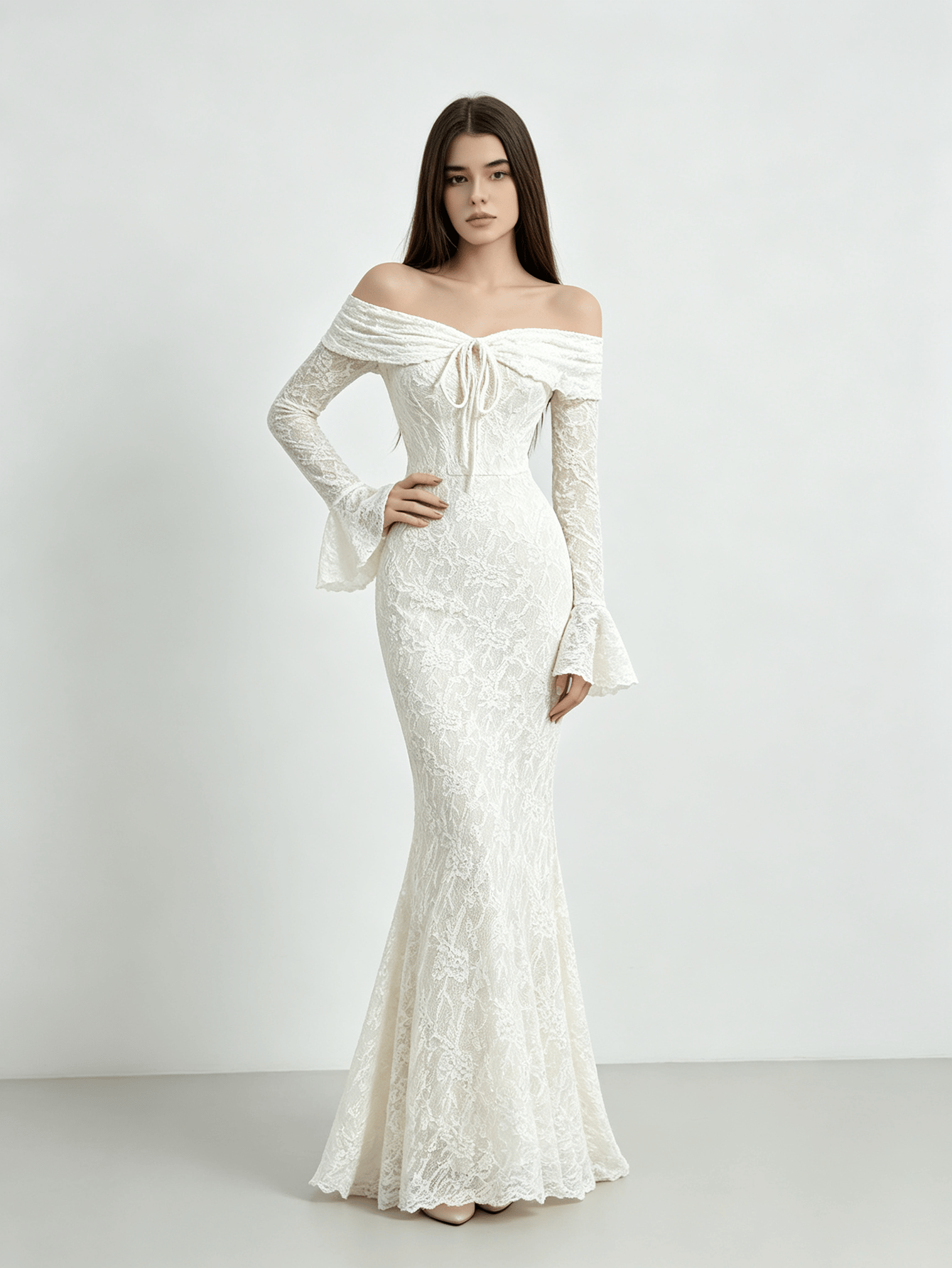 Off White Off Shoulder Lace Mermaid Hem Evening Maxi Dress