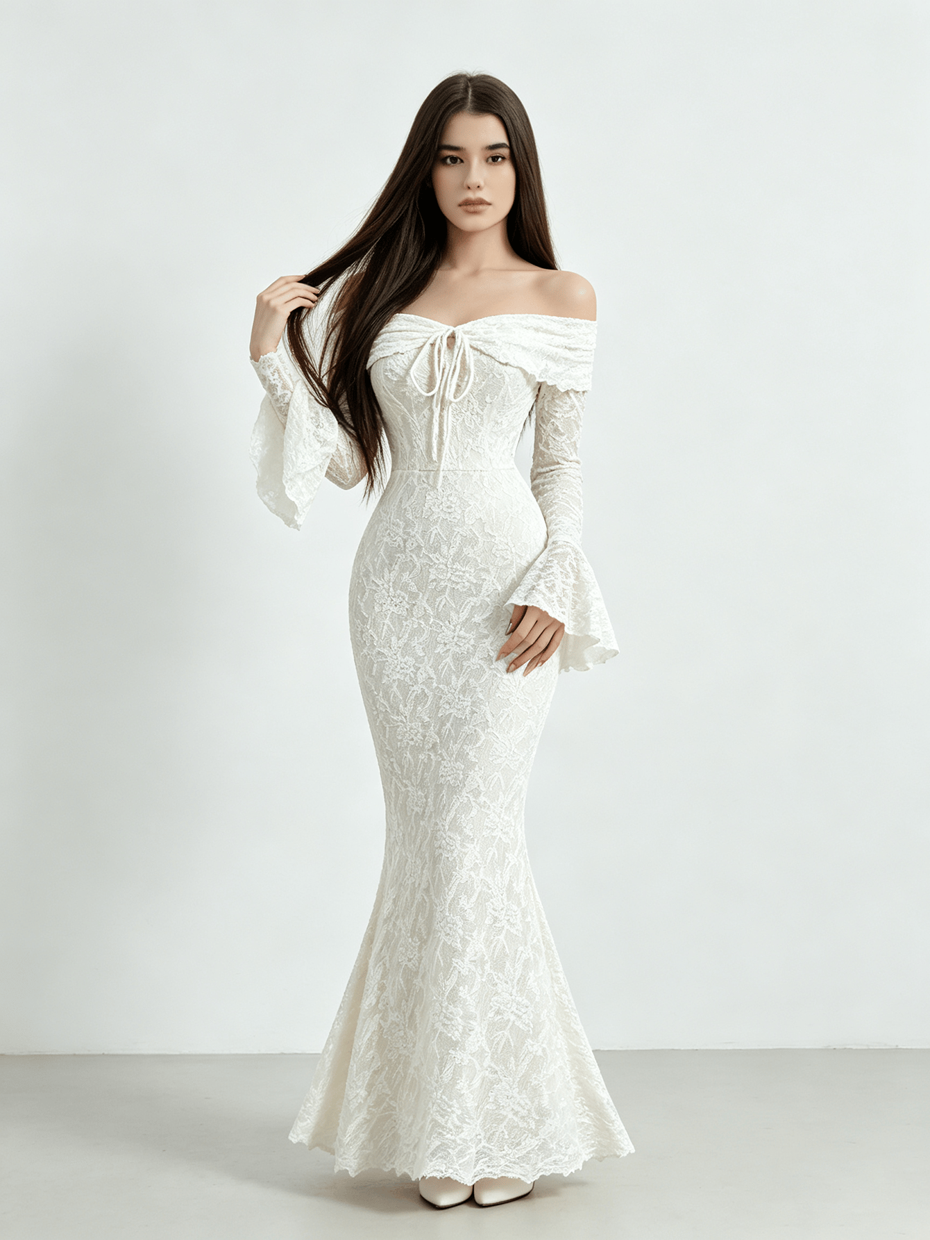 Off White Off Shoulder Lace Mermaid Hem Evening Maxi Dress
