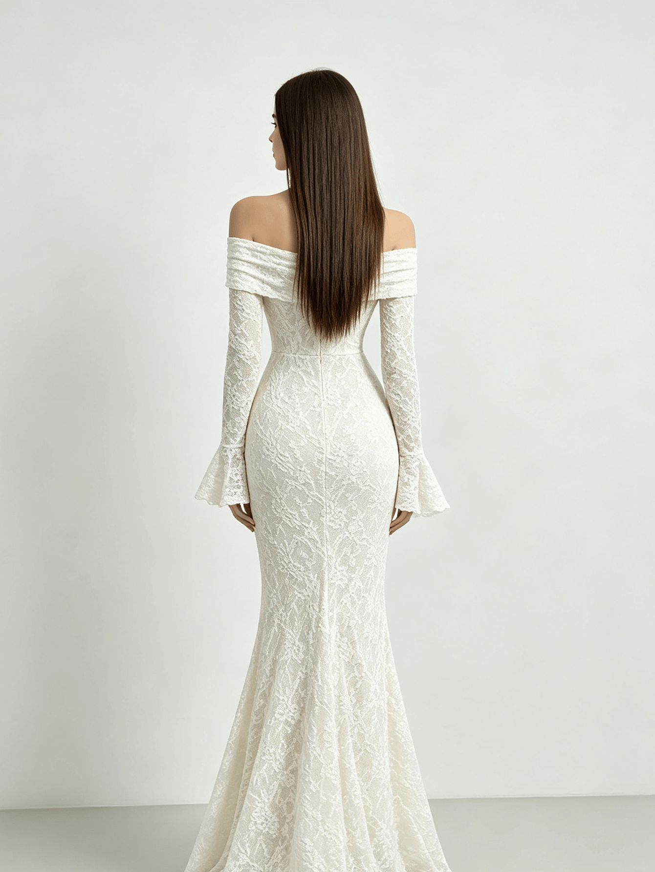Off White Off Shoulder Lace Mermaid Hem Evening Maxi Dress