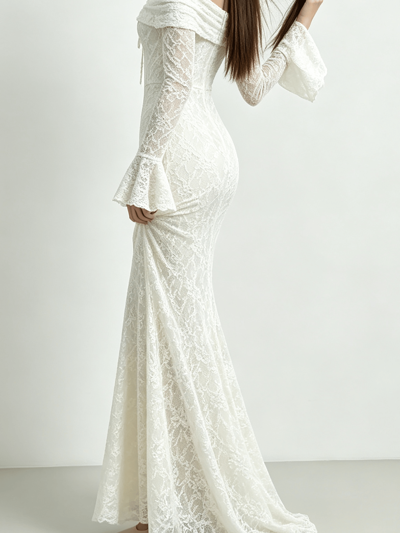 Off White Off Shoulder Lace Mermaid Hem Evening Maxi Dress