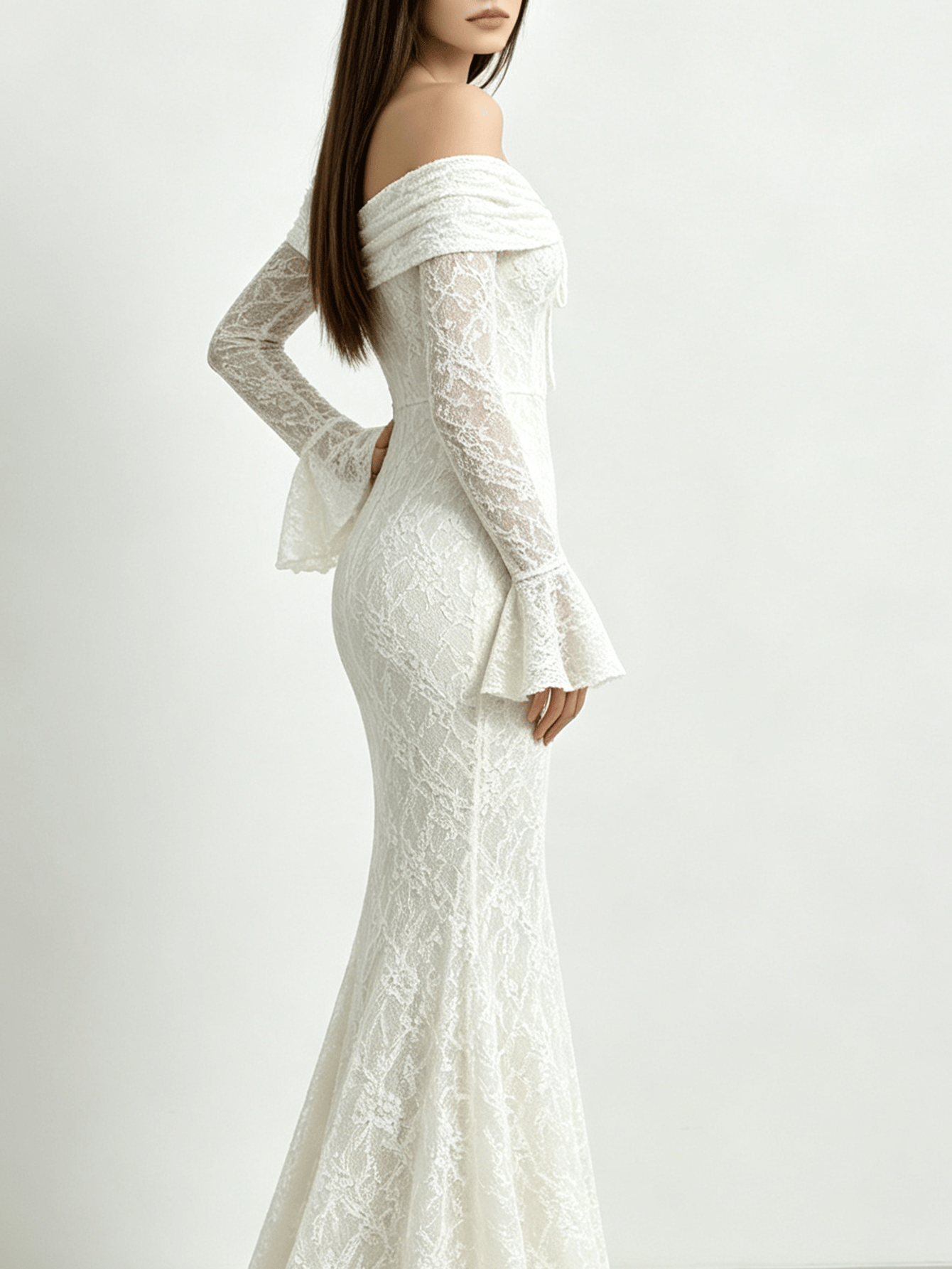Off White Off Shoulder Lace Mermaid Hem Evening Maxi Dress