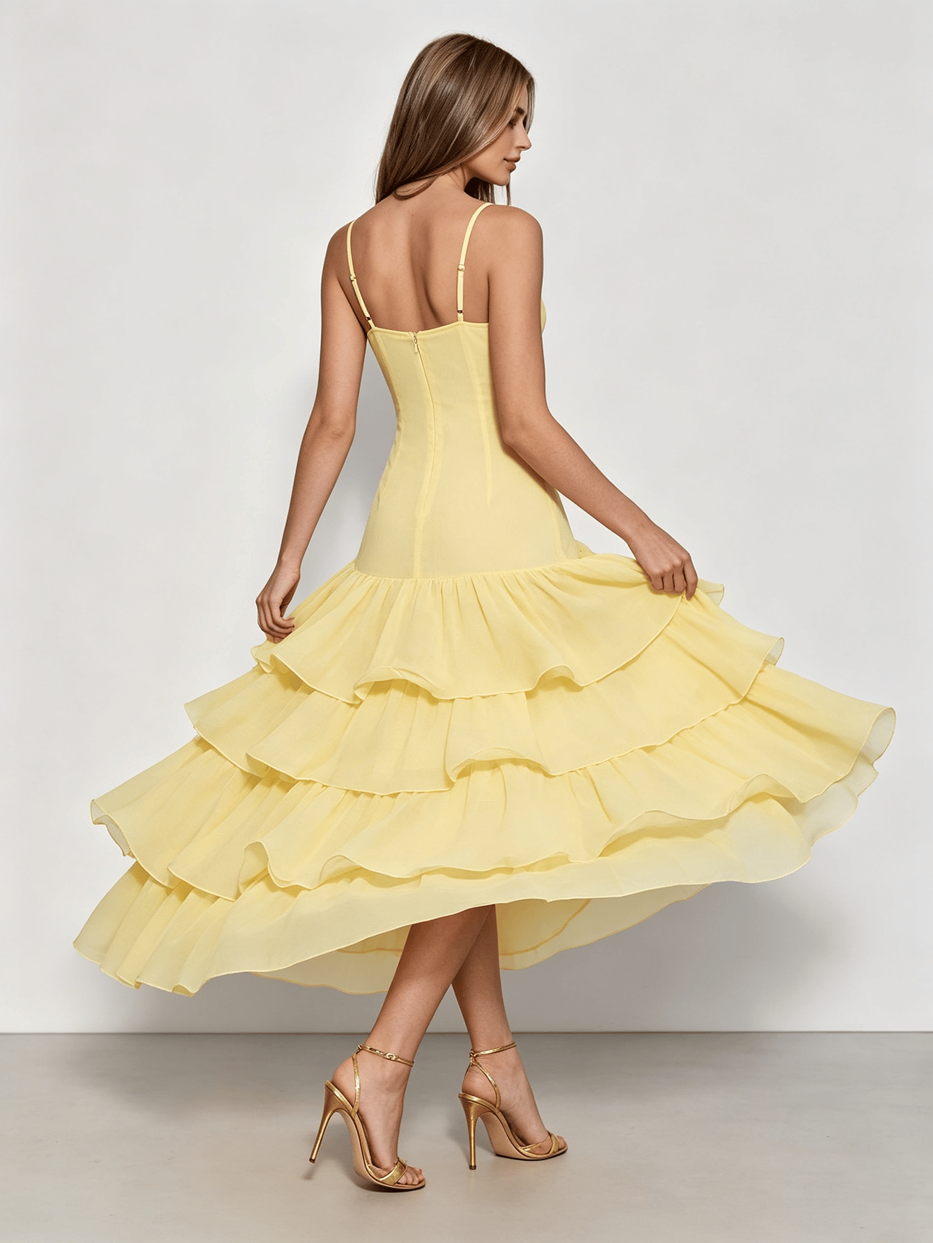 Light Yellow Thin Strap Ruffle Party Maxi Dress
