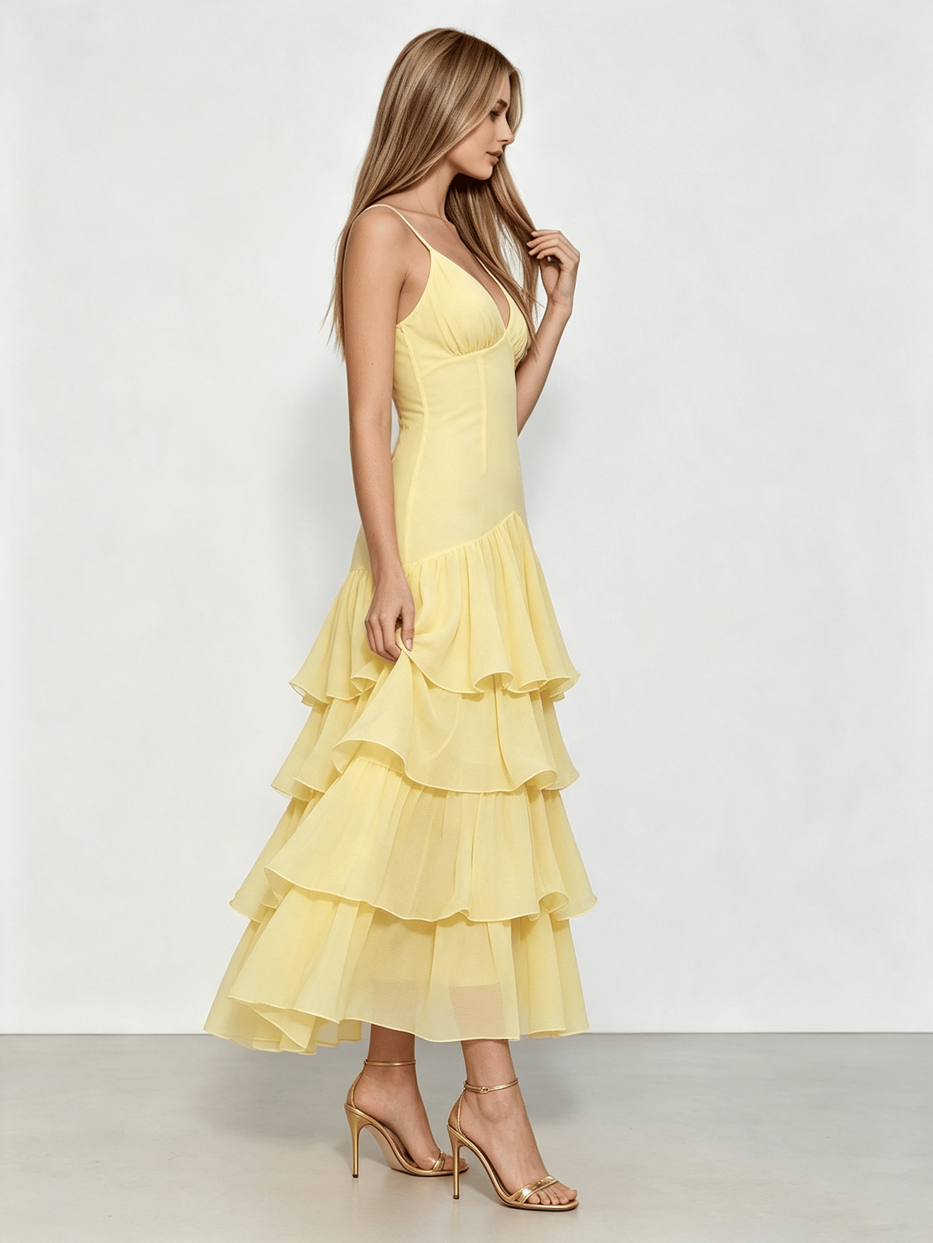 Light Yellow Thin Strap Ruffle Party Maxi Dress